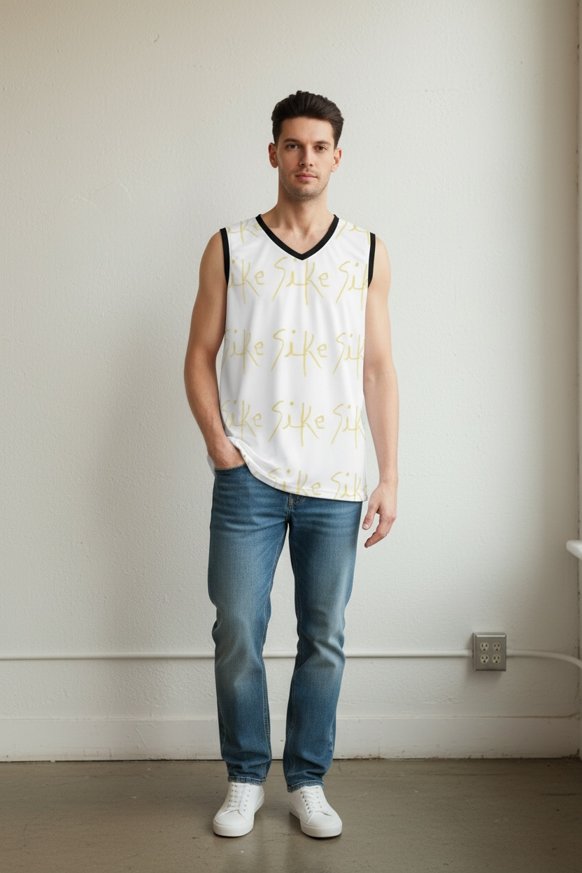 Sike Pattern Basketball Jersey — White & Gold All-Over Print- AURU