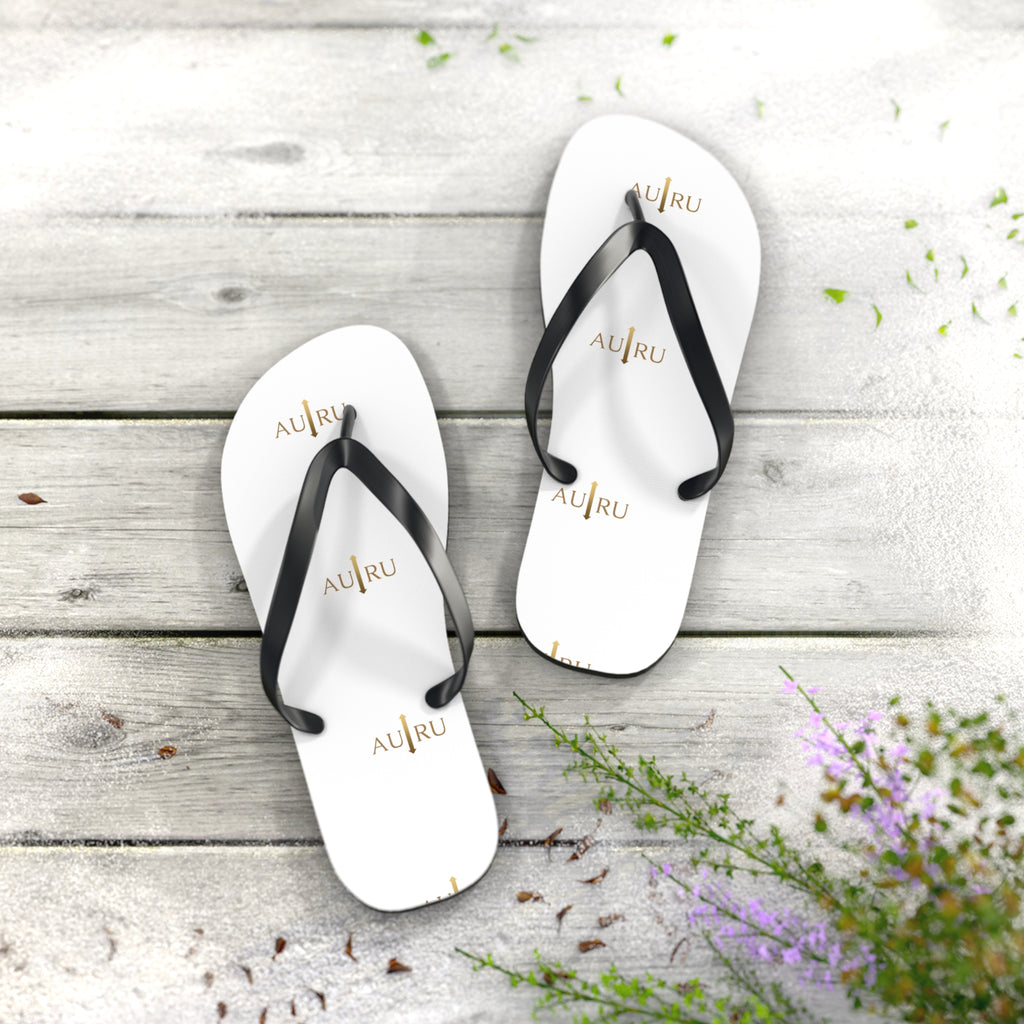 White Logo Flip Flops – Minimal Gold ‘AU|RU’ Beach Sandals