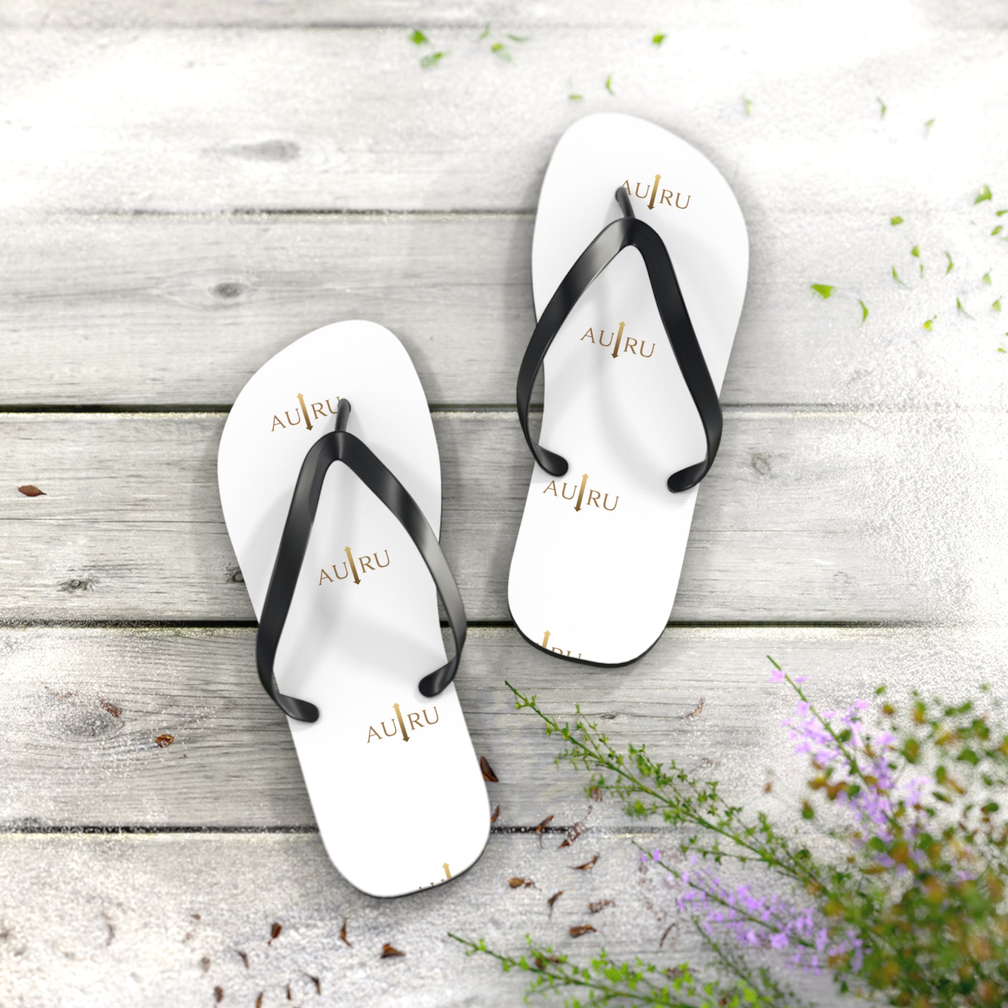 White Logo Flip Flops – Minimal Gold ‘AU|RU’ Beach Sandals