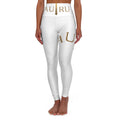White High-Waist Yoga Leggings with Gold 'AURU' Logo — All-Over Print Fitness & Athleisure