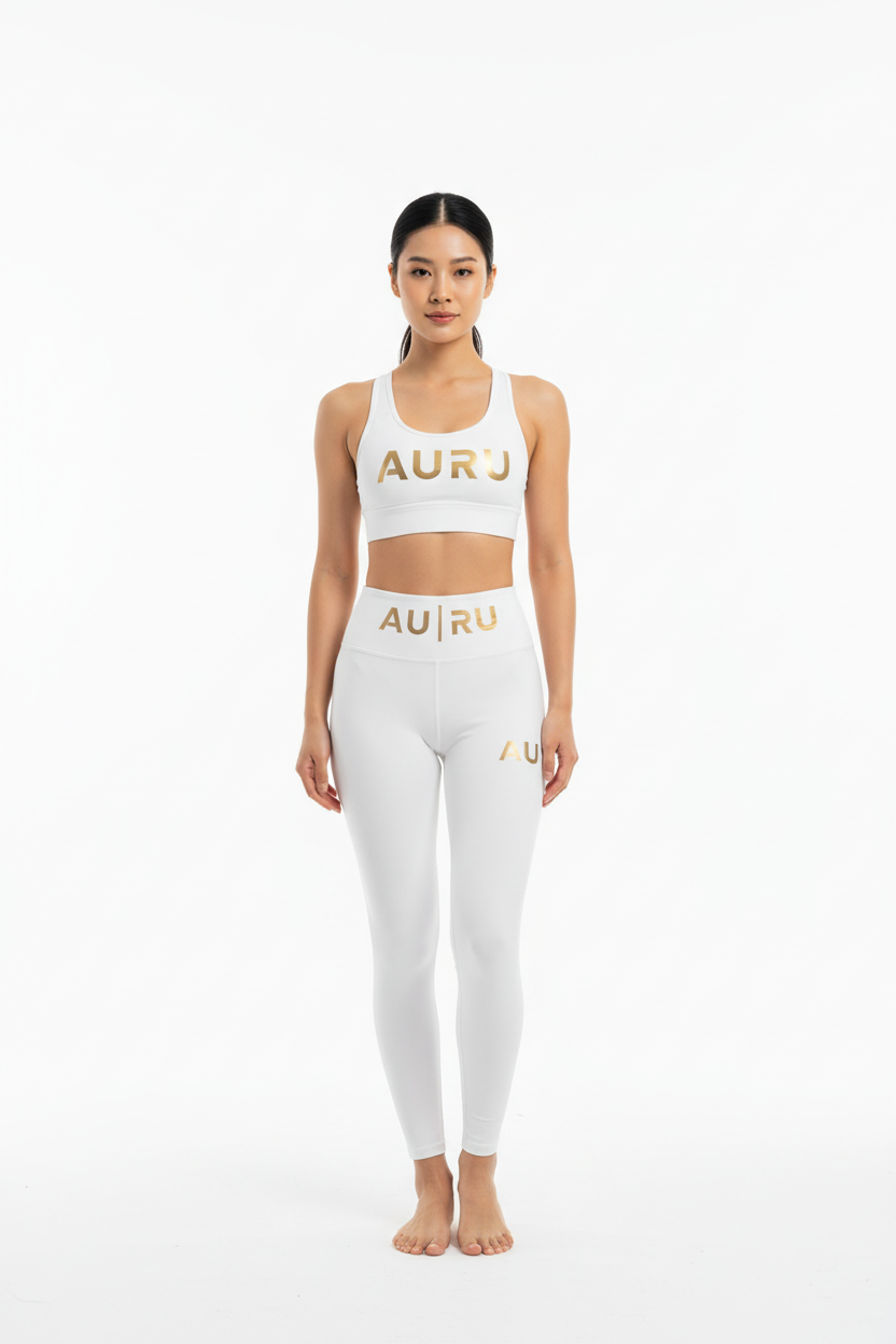White High-Waist Yoga Leggings with Gold 'AURU' Logo — All-Over Print Fitness & Athleisure