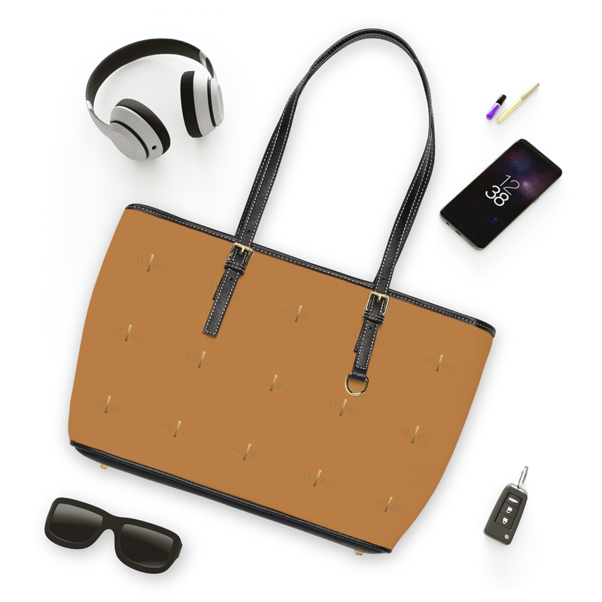 Camel PU Leather Shoulder Bag — Minimal Gold Dash Tote-AURU