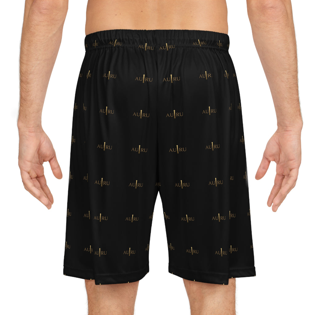 Black All-Over Print Basketball Shorts — AURU Gold Wave Logo Athletic Shorts