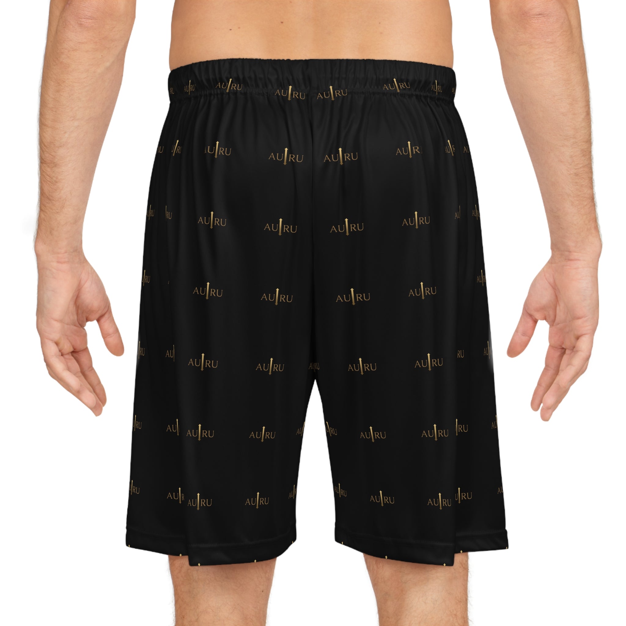 Black All-Over Print Basketball Shorts — AURU Gold Wave Logo Athletic Shorts