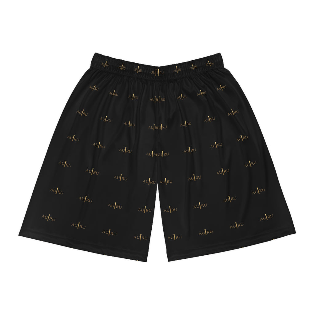 Black All-Over Print Basketball Shorts — AURU Gold Wave Logo Athletic Shorts