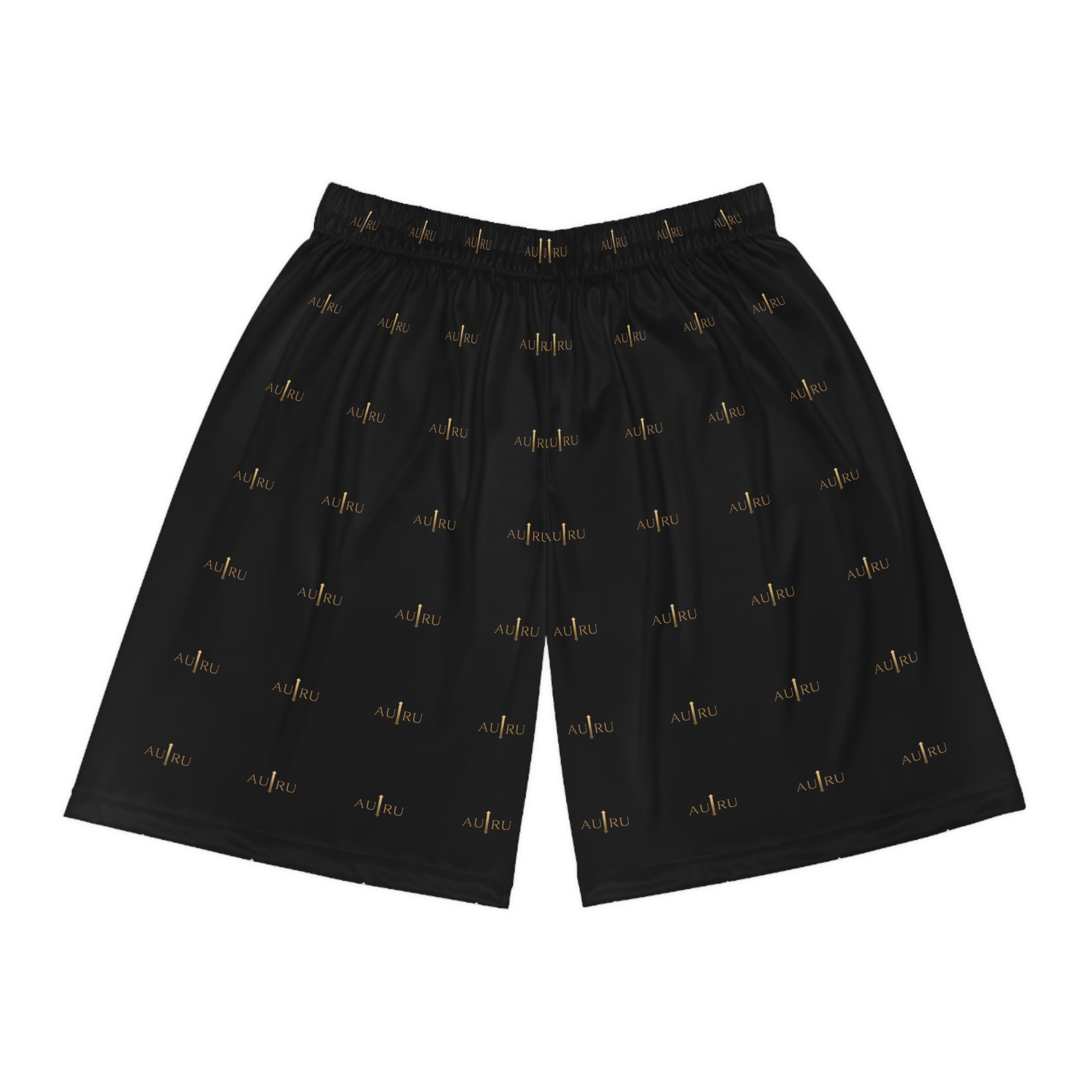 Black All-Over Print Basketball Shorts — AURU Gold Wave Logo Athletic Shorts