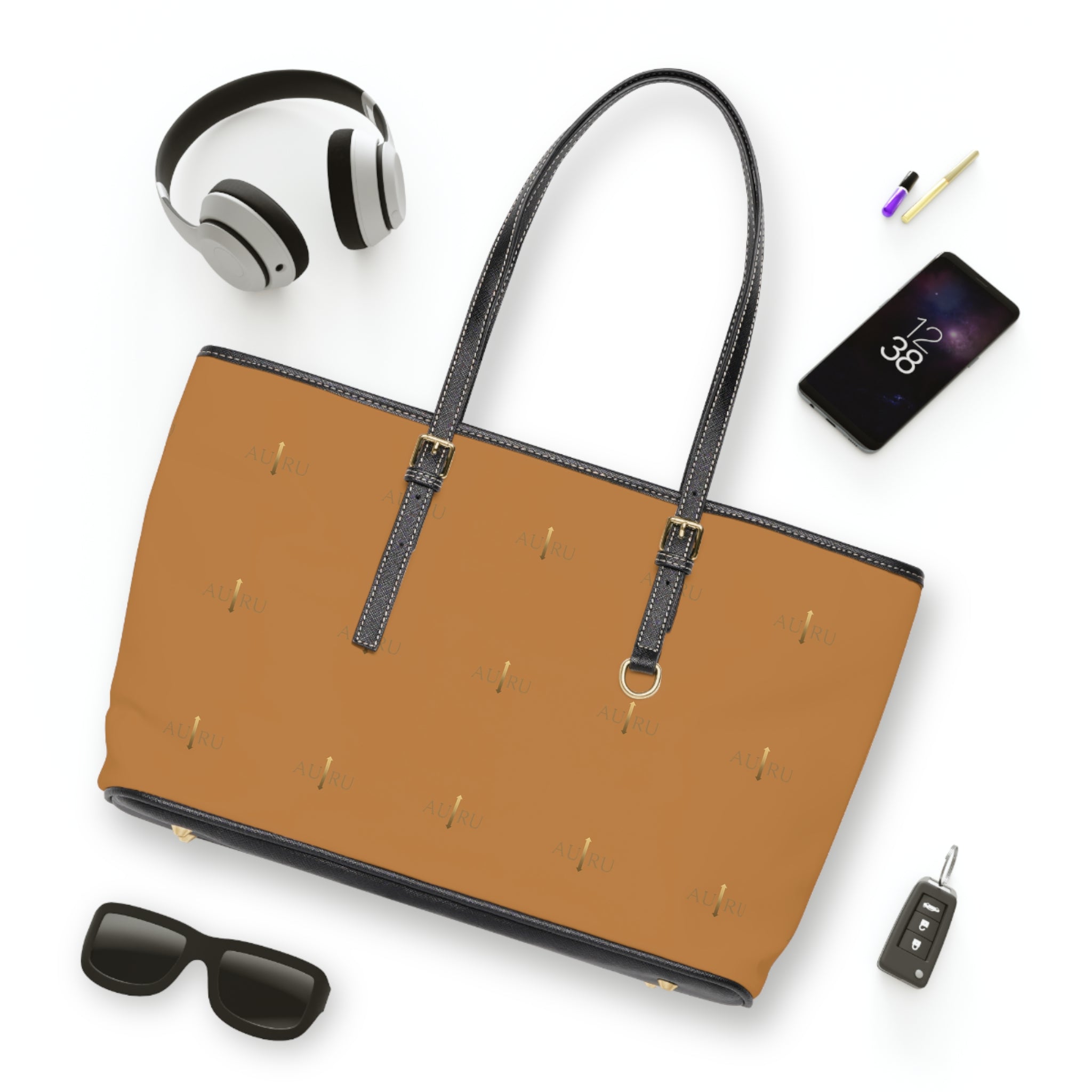 Camel PU Leather Shoulder Bag — Minimal Gold Dash Tote-AURU