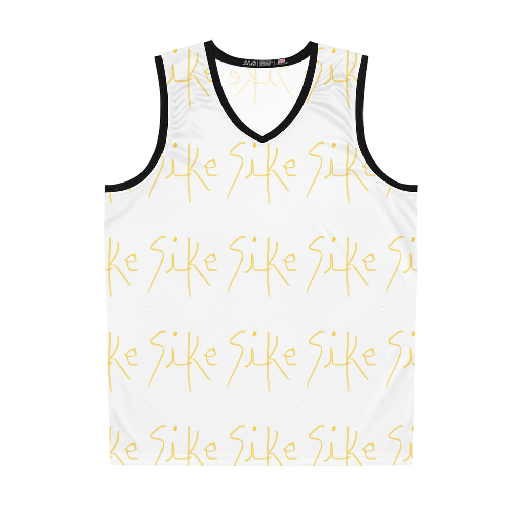 Sike Pattern Basketball Jersey — White & Gold All-Over Print- AURU