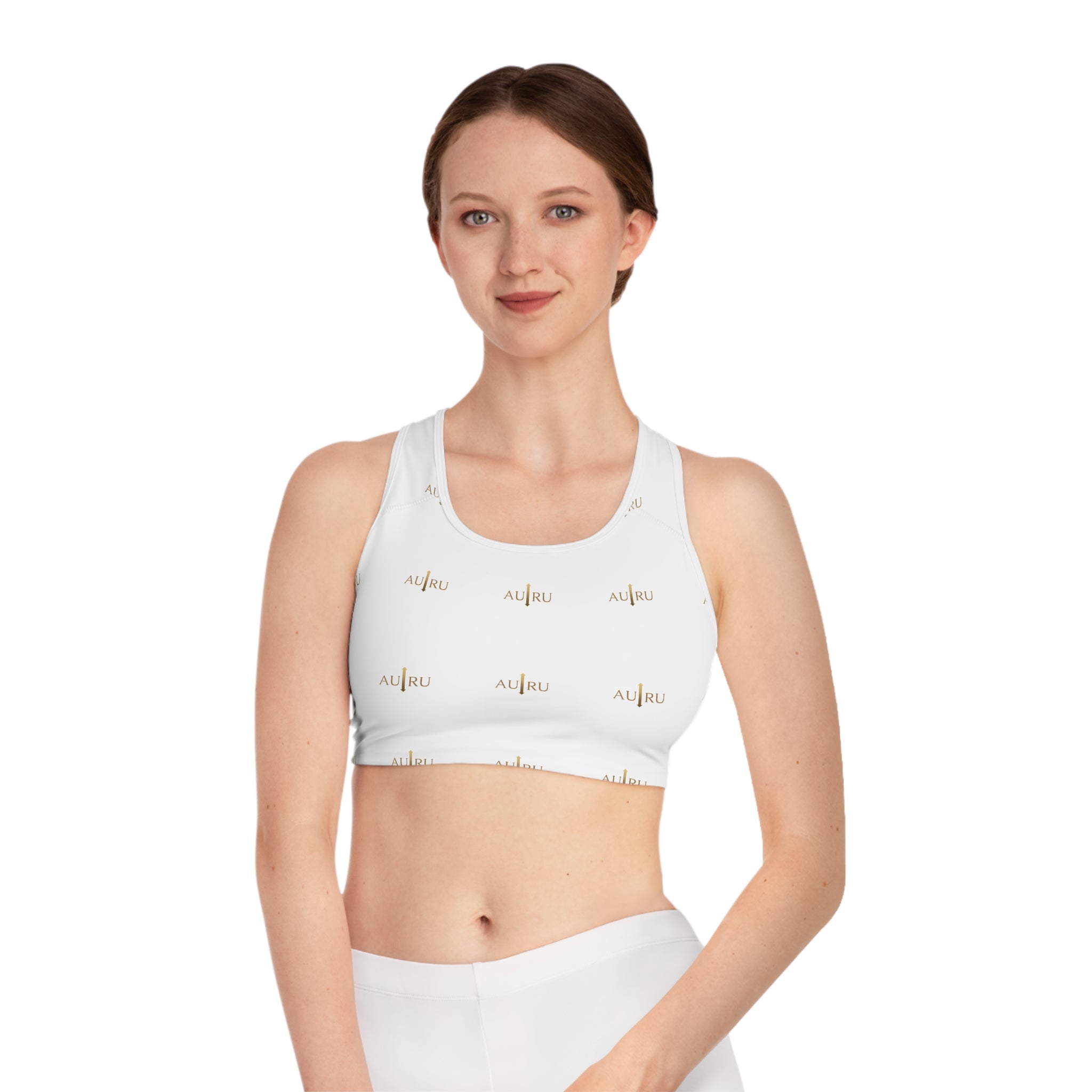 White All-Over-Print Sports Bra — Minimal AU|RU Gold Logo Activewear