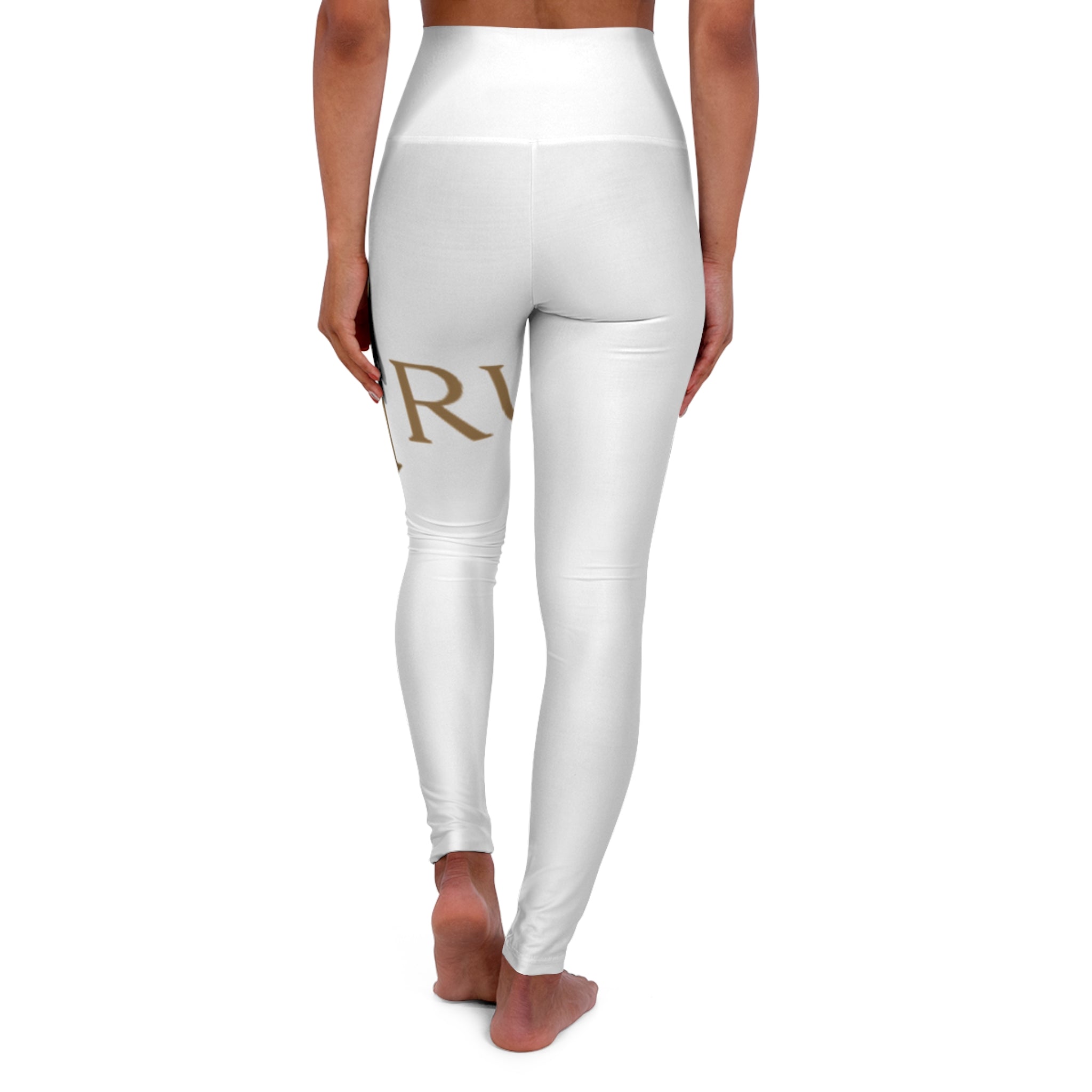 White High-Waist Yoga Leggings with Gold 'AURU' Logo — All-Over Print Fitness & Athleisure