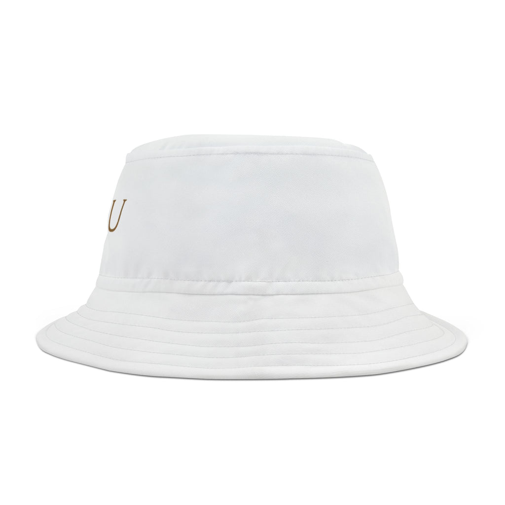 Au/Ru Gold Arrow Logo Bucket Hat — Embroidered White Sun Hat