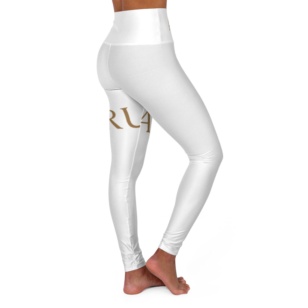White High-Waist Yoga Leggings with Gold 'AURU' Logo — All-Over Print Fitness & Athleisure
