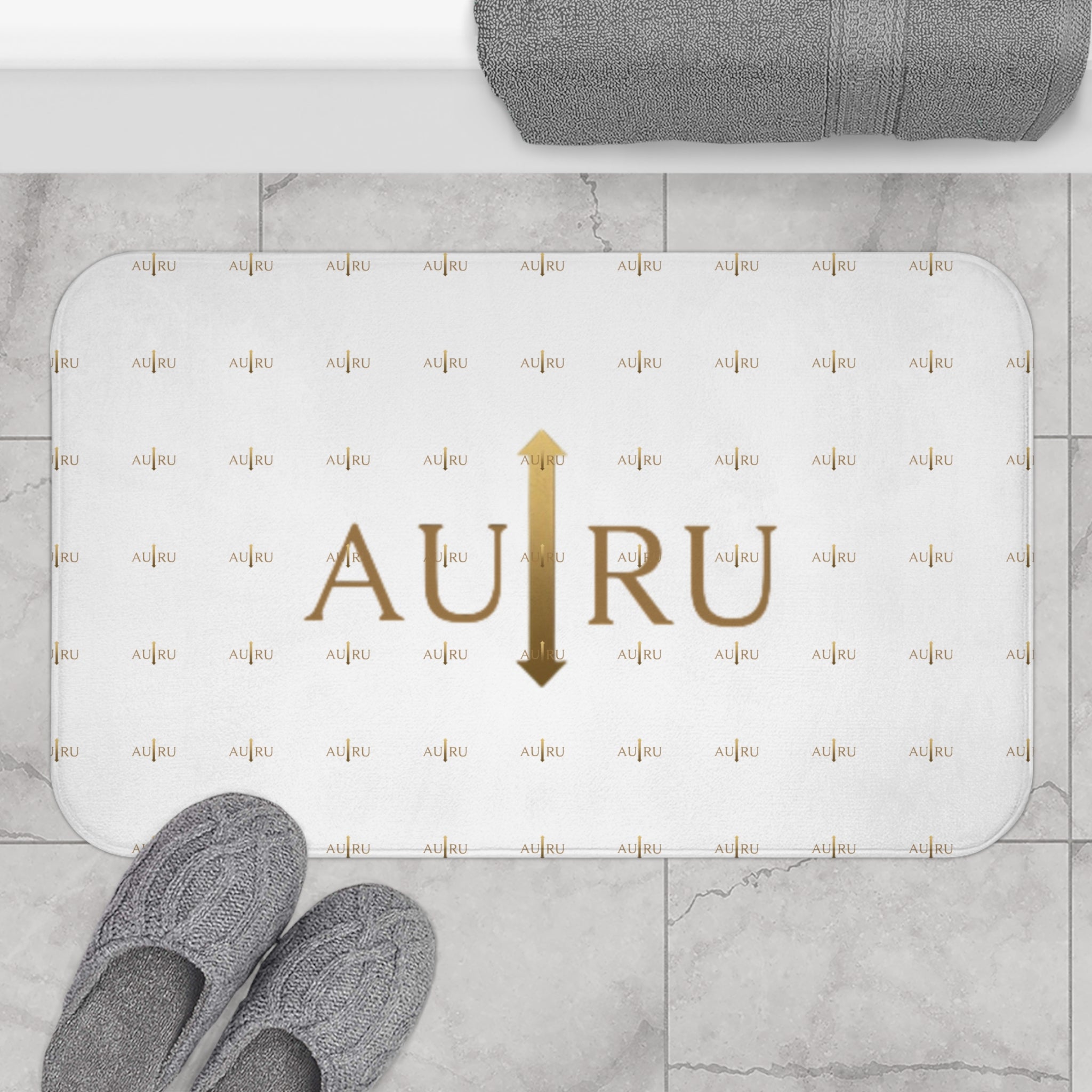 AU|RU-Gold Monogram Bath Mat — Elegant Metallic Arrow Pattern