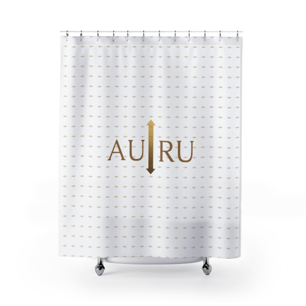 AU|RU Gold Arrow Shower Curtain — Minimalist White Patterned Bath Curtain