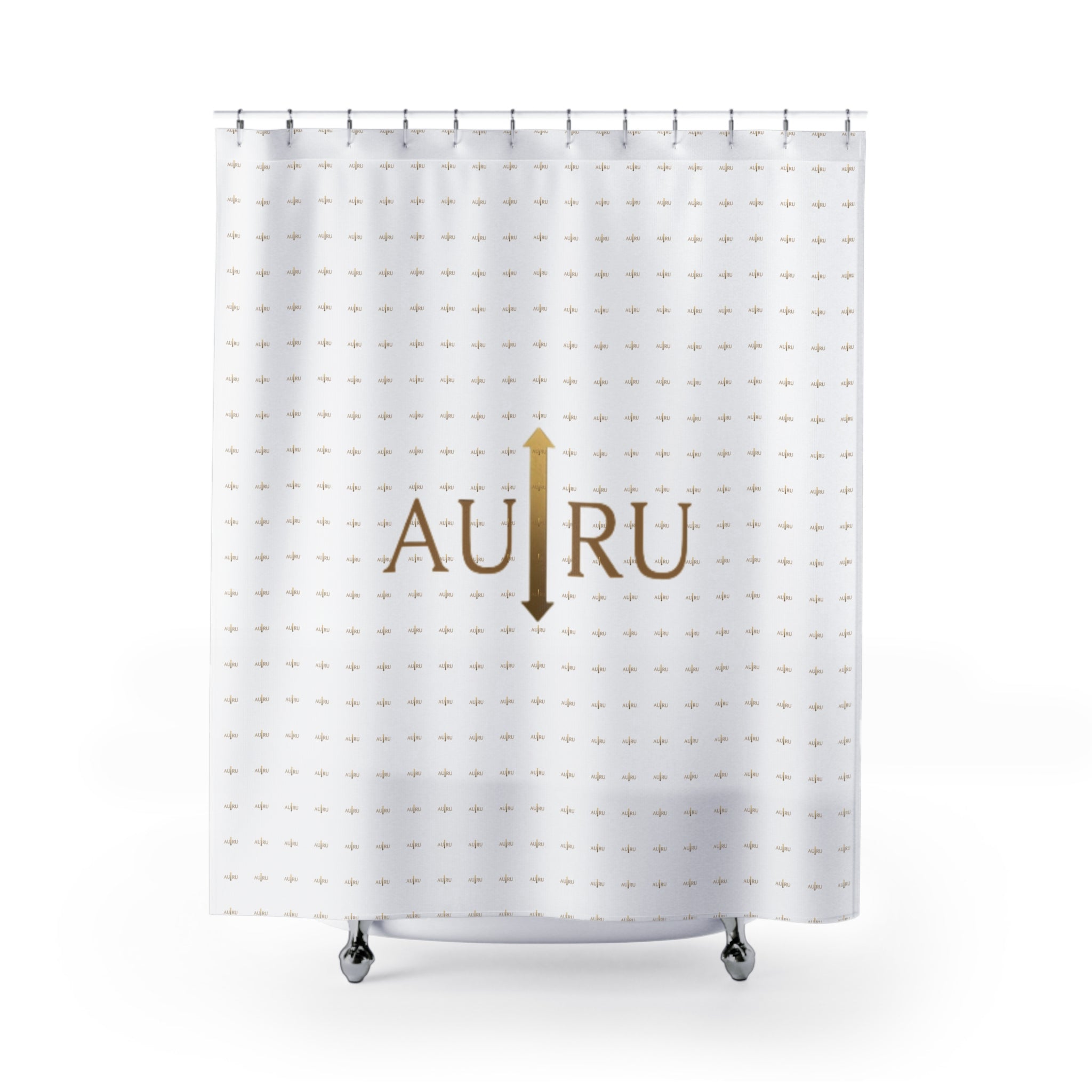 AU|RU Gold Arrow Shower Curtain — Minimalist White Patterned Bath Curtain