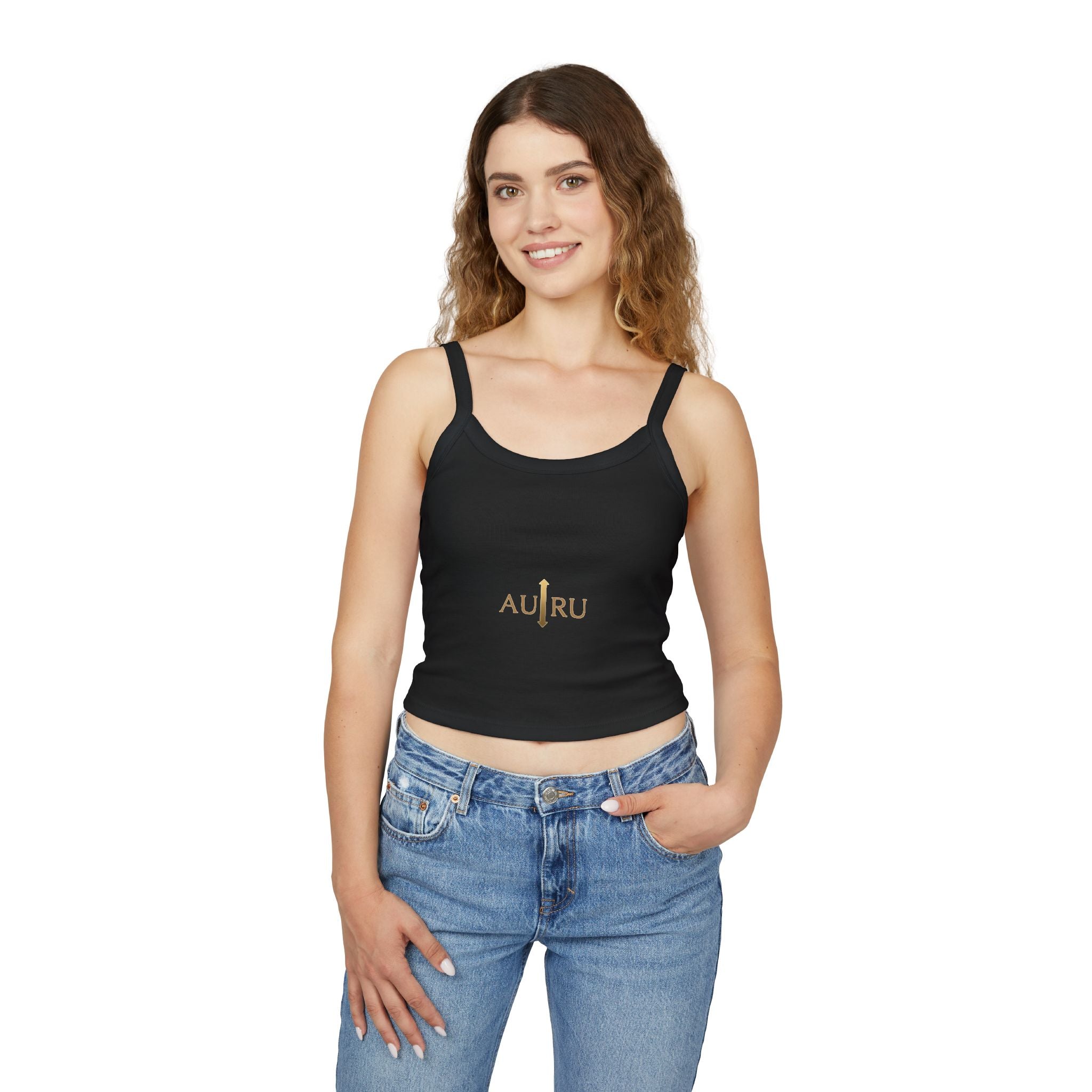 Au/Ru Gold Logo Spaghetti Strap Tank Top — Women's Cropped Logo Tank