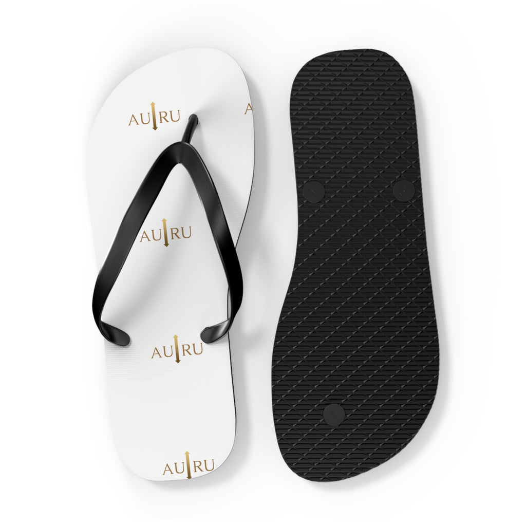 White Logo Flip Flops – Minimal Gold ‘AU|RU’ Beach Sandals