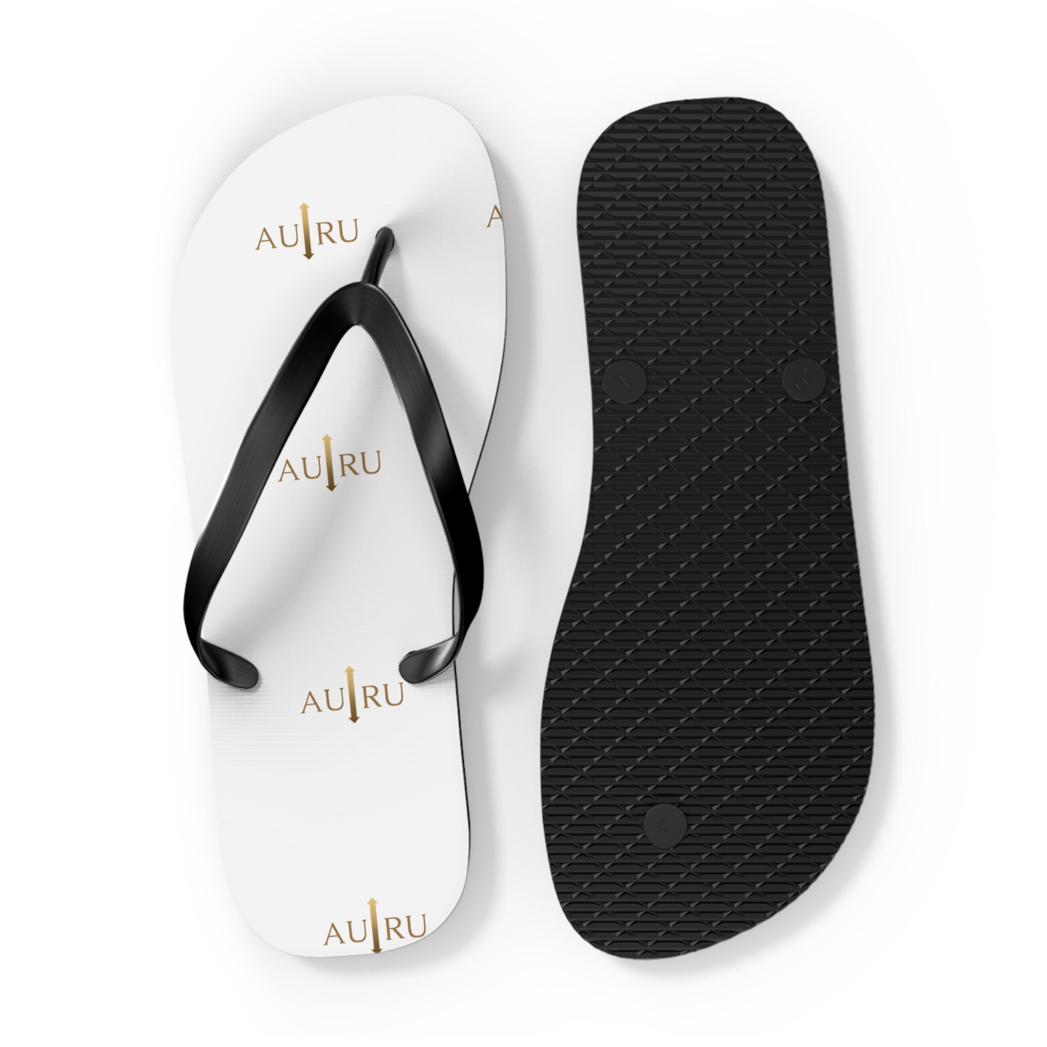 White Logo Flip Flops – Minimal Gold ‘AU|RU’ Beach Sandals