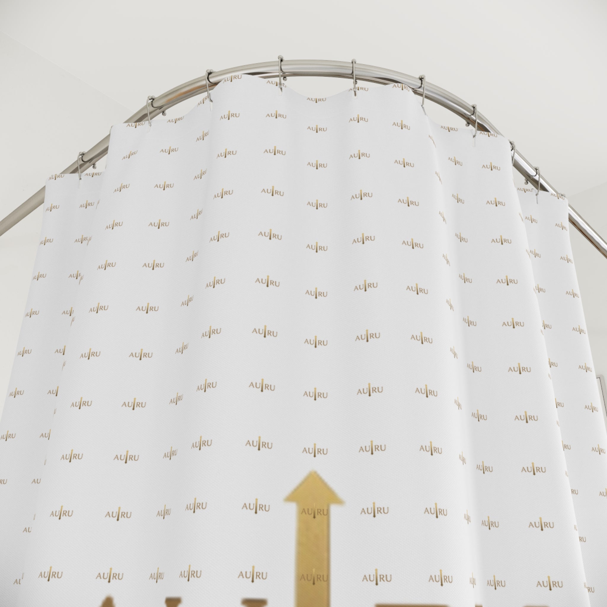 AU|RU Gold Arrow Shower Curtain — Minimalist White Patterned Bath Curtain