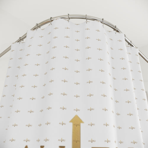 AU|RU Gold Arrow Shower Curtain — Minimalist White Patterned Bath Curtain