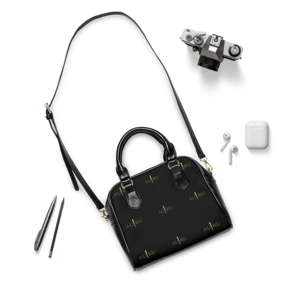 Leather Shoulder Handbag — Black Gold Monogram Tote-AURU
