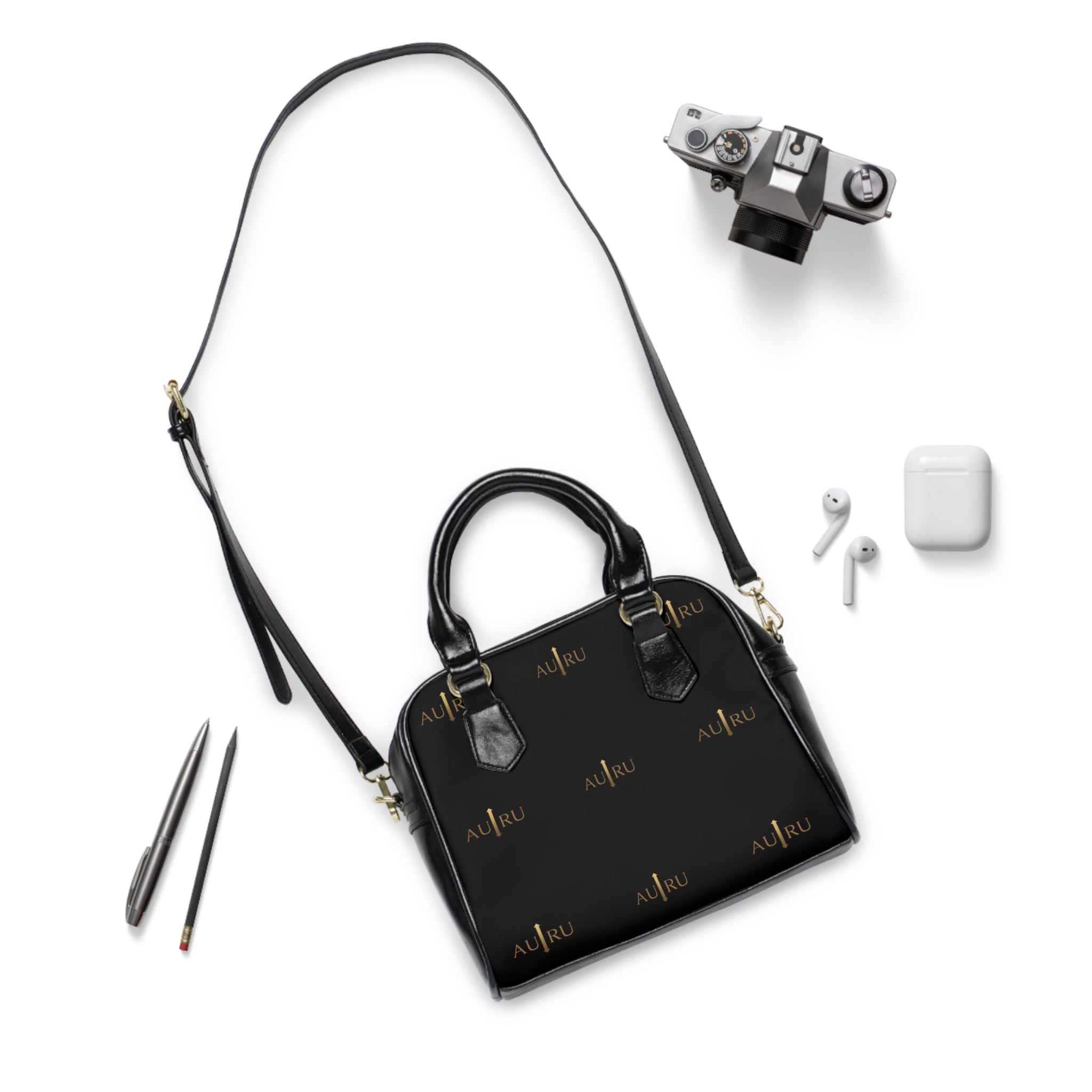 Leather Shoulder Handbag — Black Gold Monogram Tote-AURU