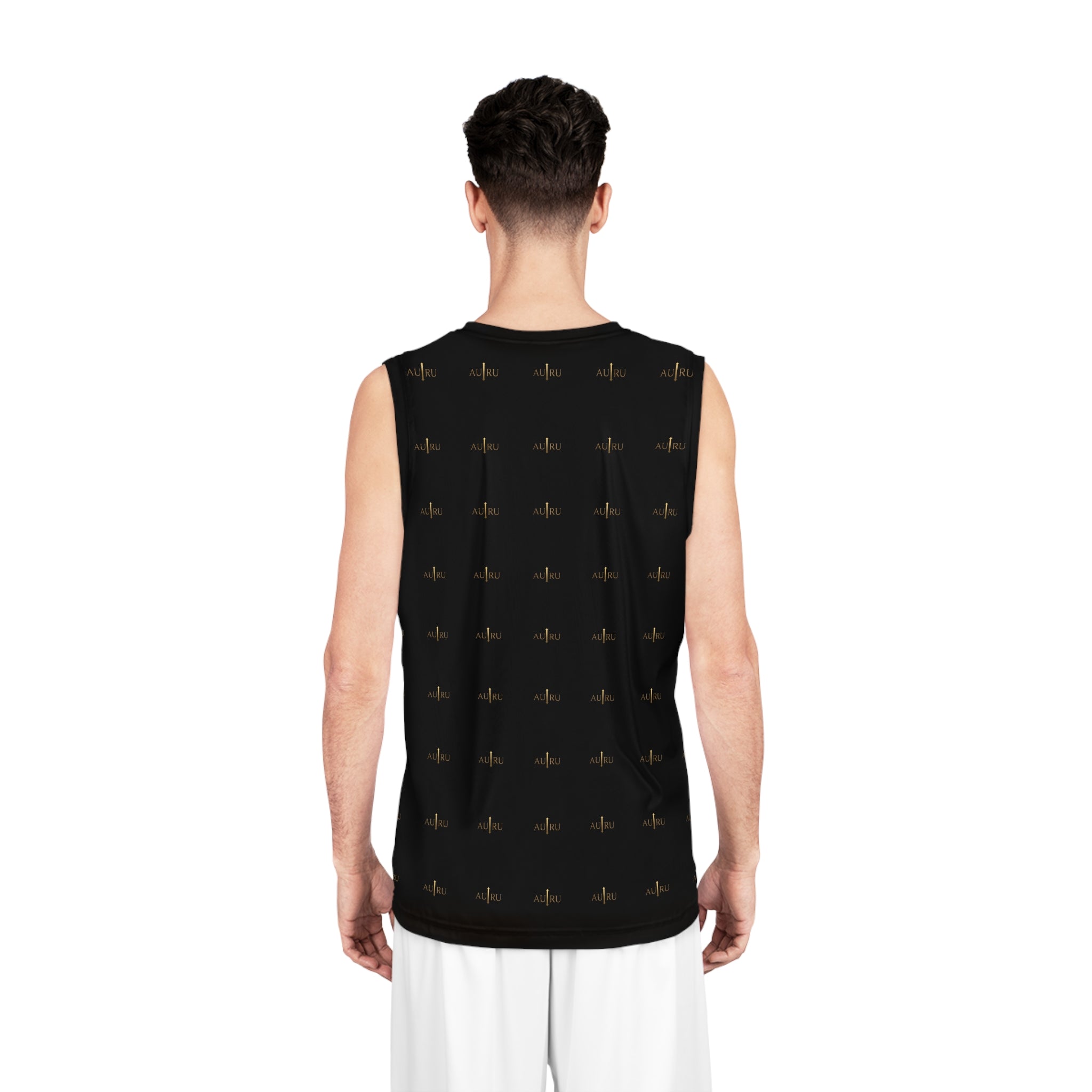 Black All-Over Print Basketball Jersey with Gold Pulse Logo Pattern-AURU