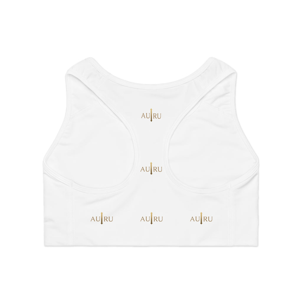 White All-Over-Print Sports Bra — Minimal AU|RU Gold Logo Activewear