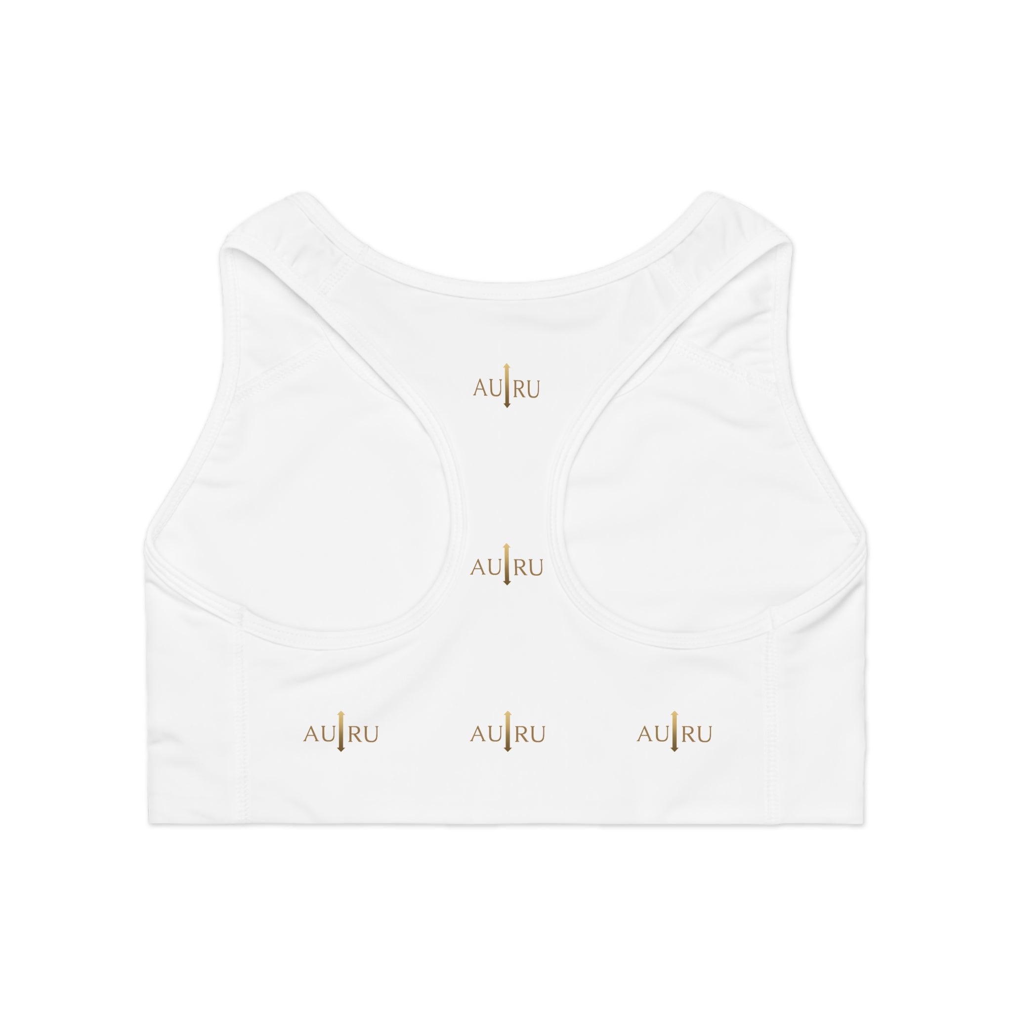 White All-Over-Print Sports Bra — Minimal AU|RU Gold Logo Activewear