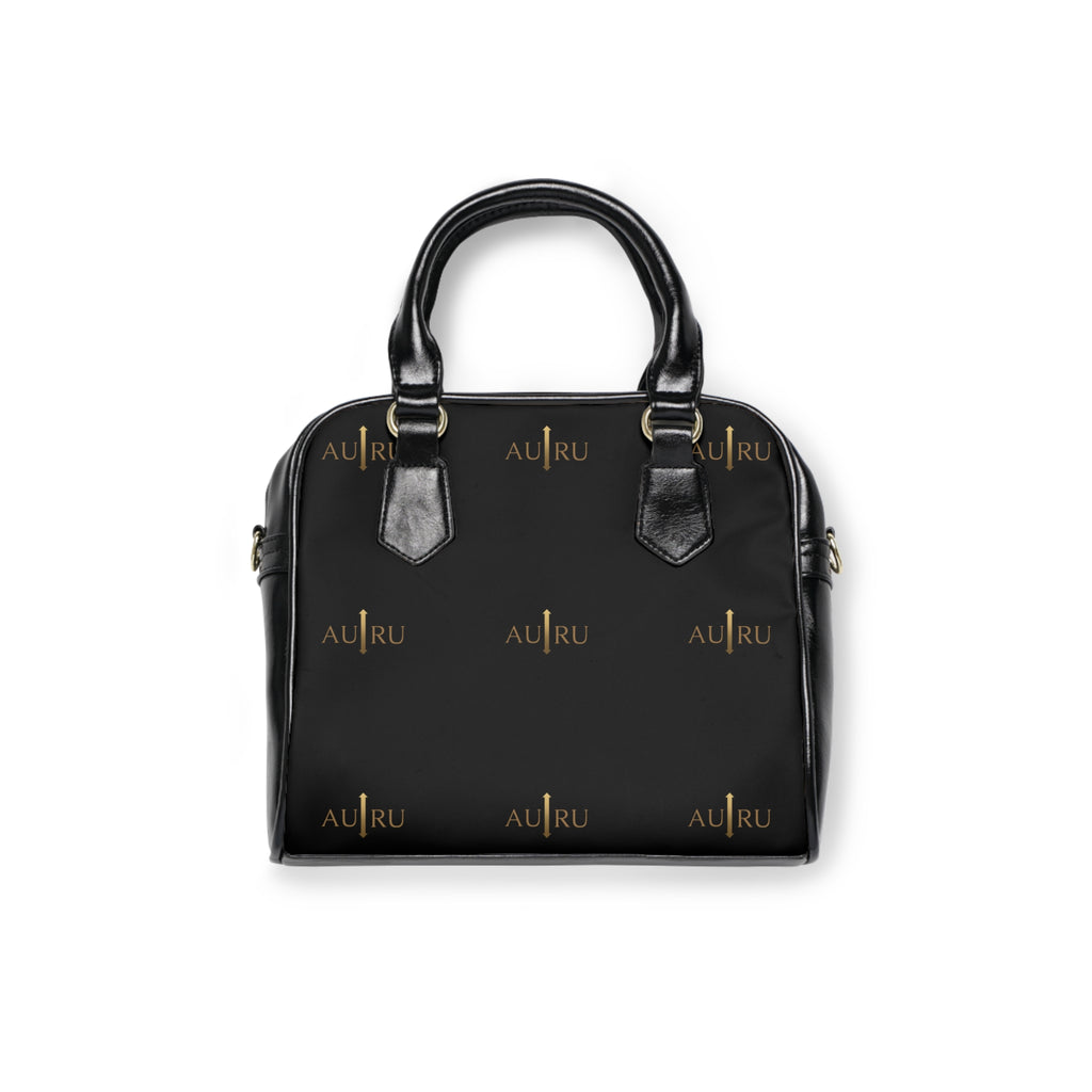 Leather Shoulder Handbag — Black Gold Monogram Tote-AURU