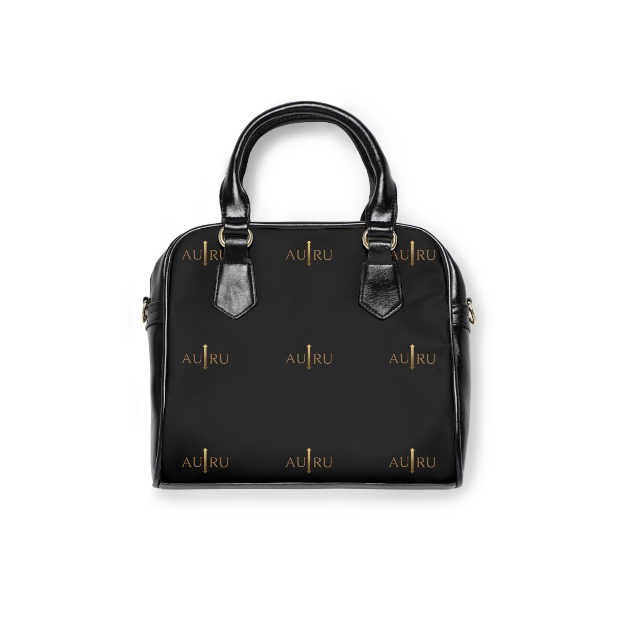 Leather Shoulder Handbag — Black Gold Monogram Tote-AURU