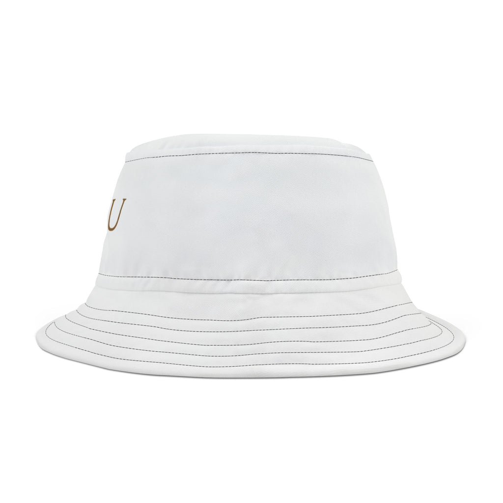 Au/Ru Gold Arrow Logo Bucket Hat — Embroidered White Sun Hat