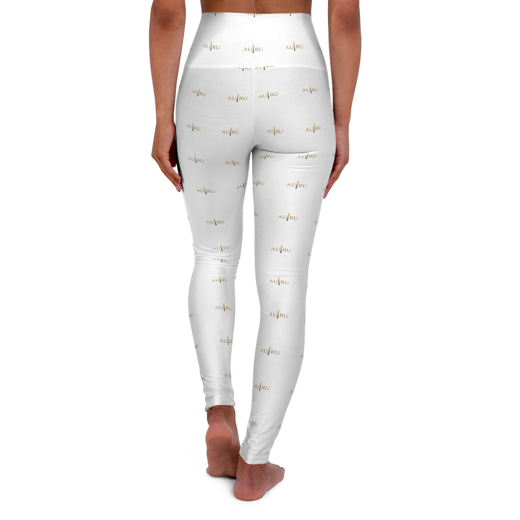 AU|RU-High-Waisted White Yoga Leggings with Gold Script Accent — 'breathe' All-Over Print