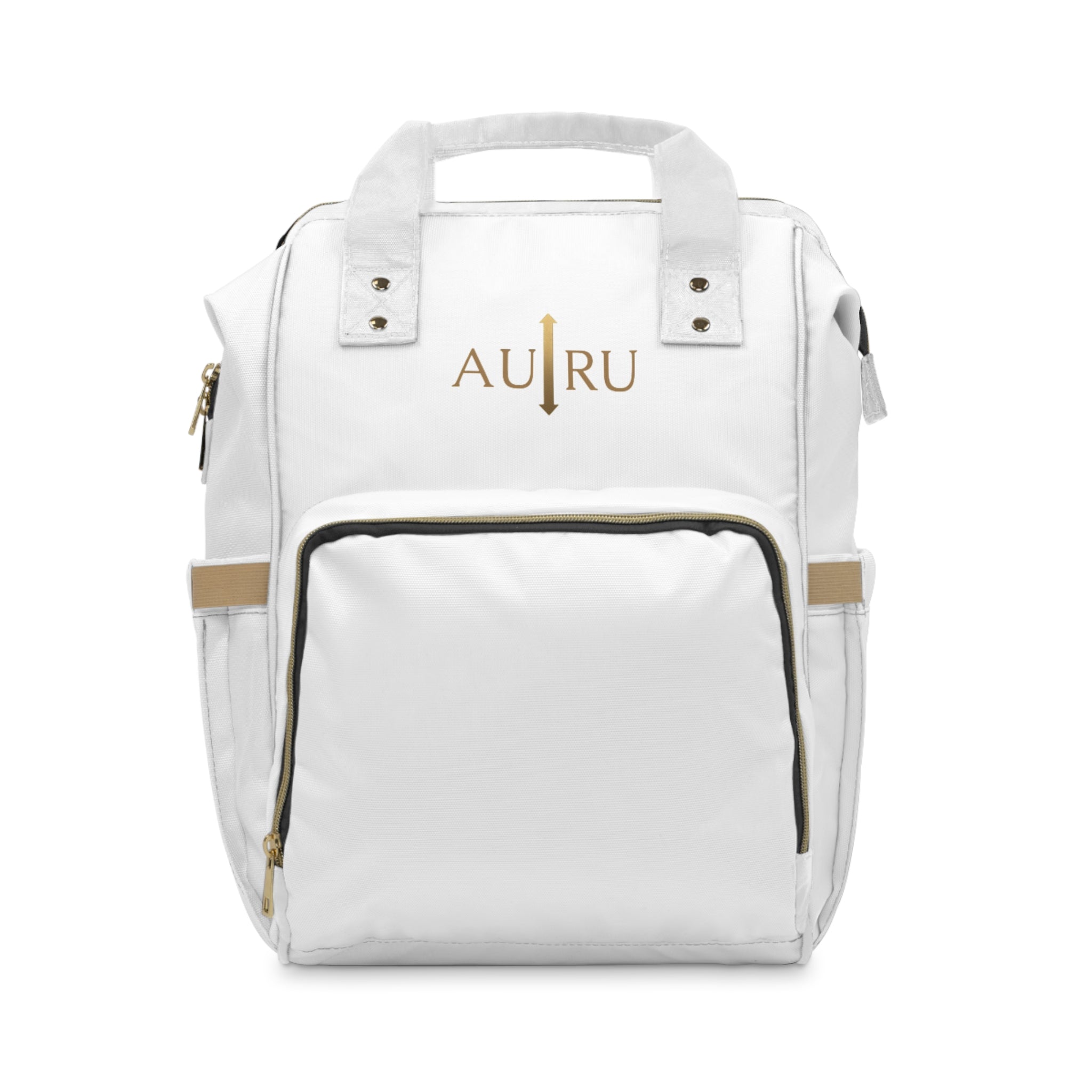 AURU Gold Logo Multifunctional Diaper Backpack — Spacious Stylish Baby Nappy Bag for Moms & Dads