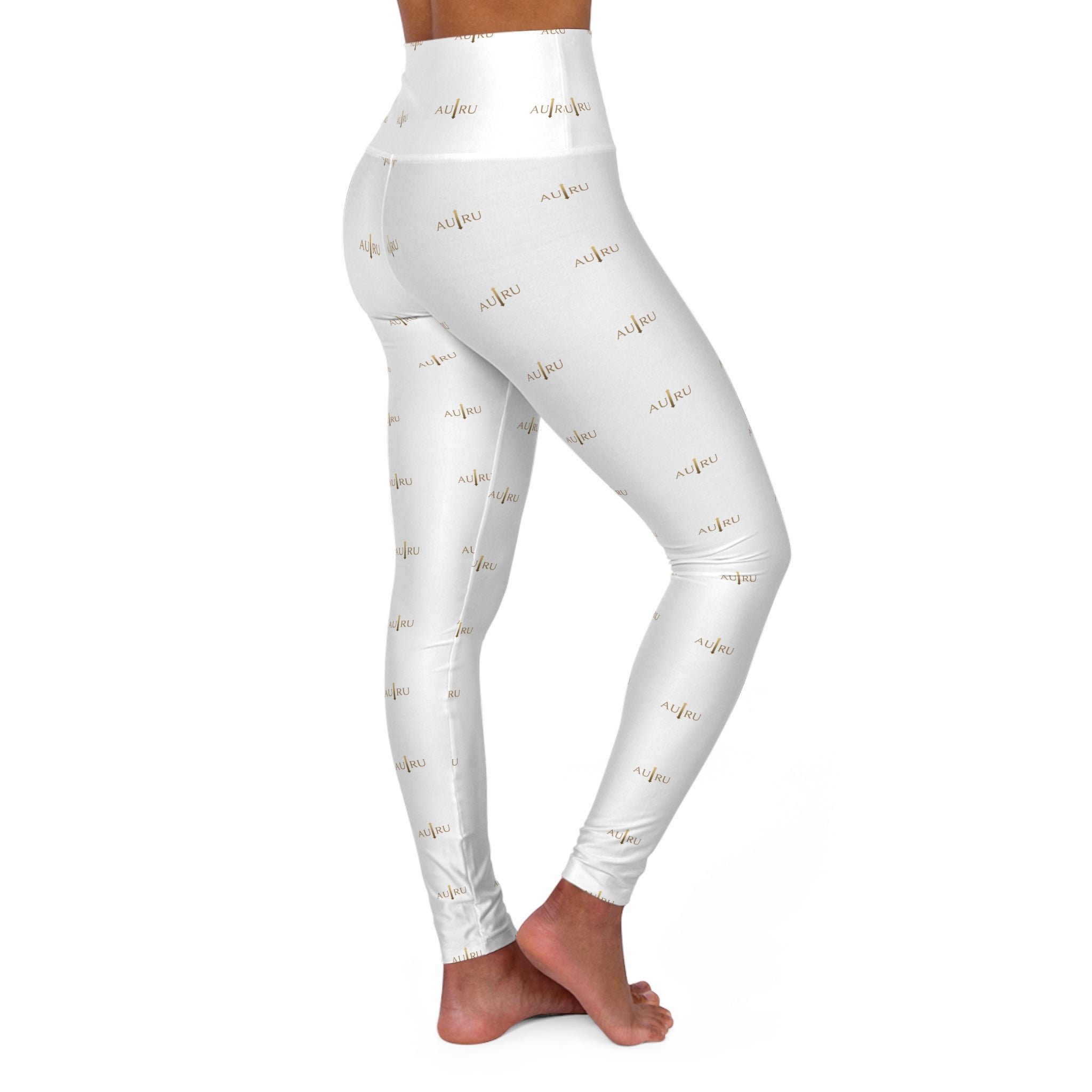 AU|RU-High-Waisted White Yoga Leggings with Gold Script Accent — 'breathe' All-Over Print