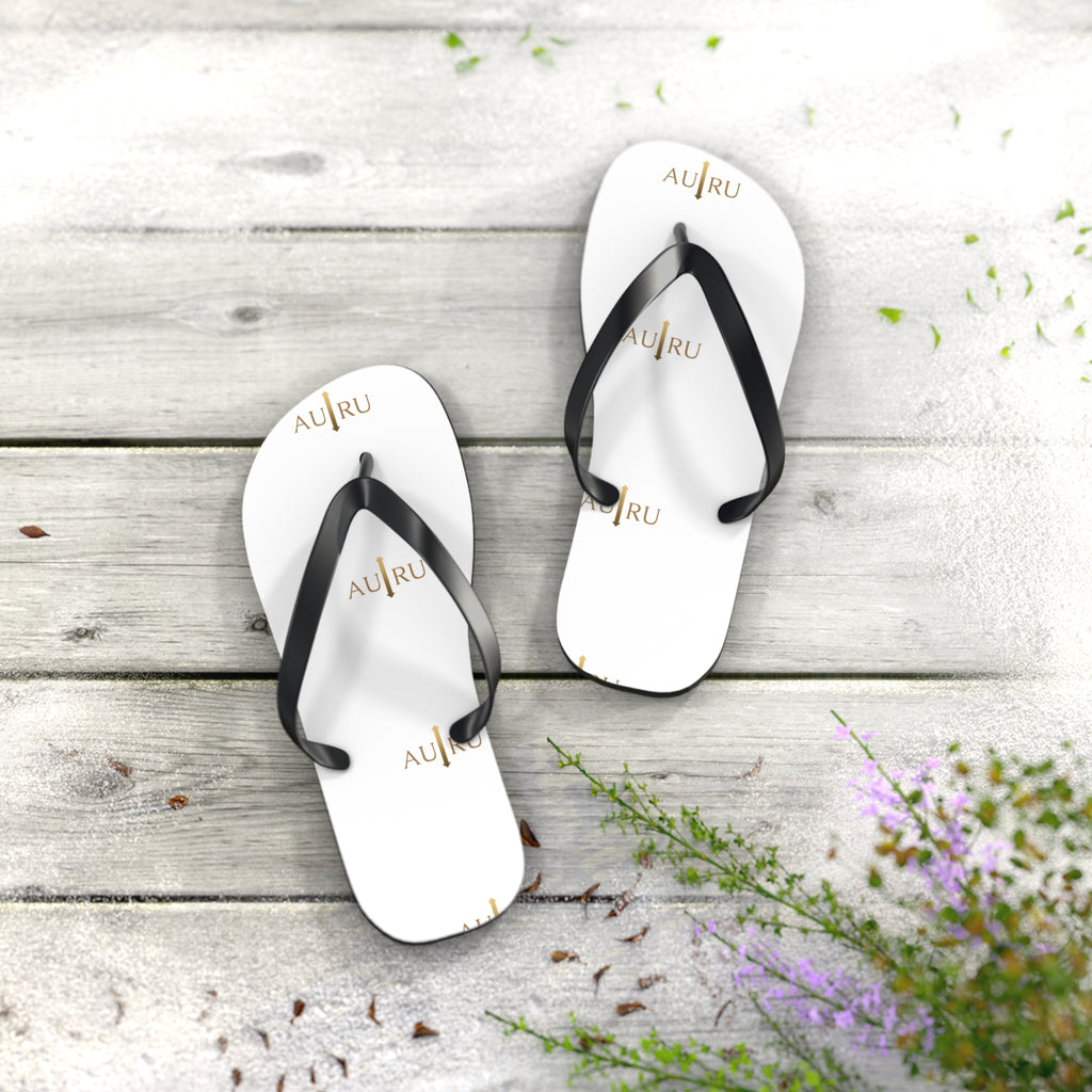 White Logo Flip Flops – Minimal Gold ‘AU|RU’ Beach Sandals