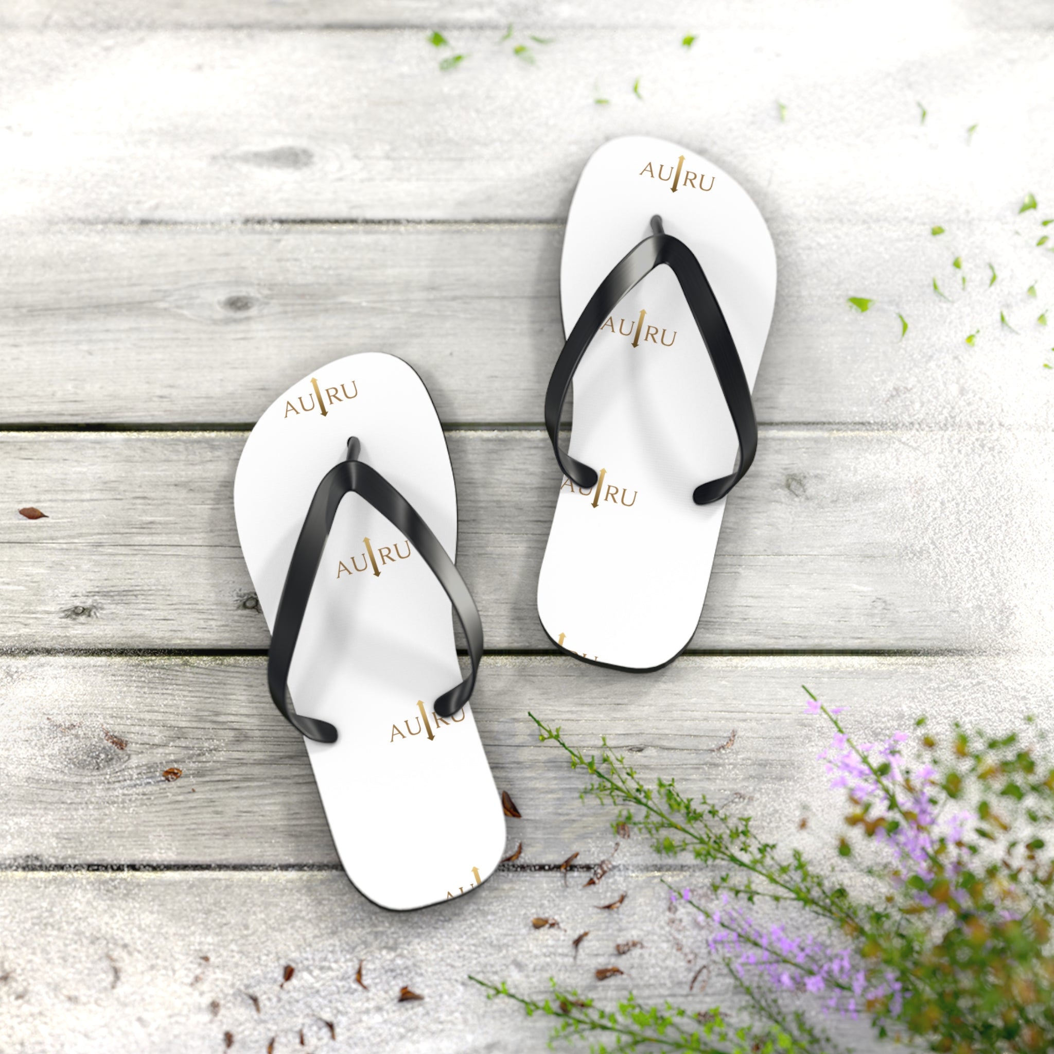 White Logo Flip Flops – Minimal Gold ‘AU|RU’ Beach Sandals