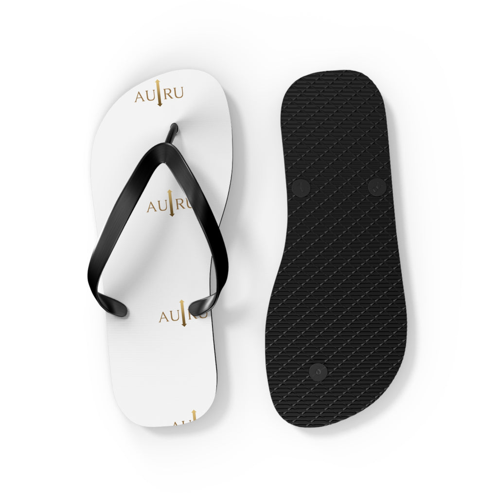 White Logo Flip Flops – Minimal Gold ‘AU|RU’ Beach Sandals