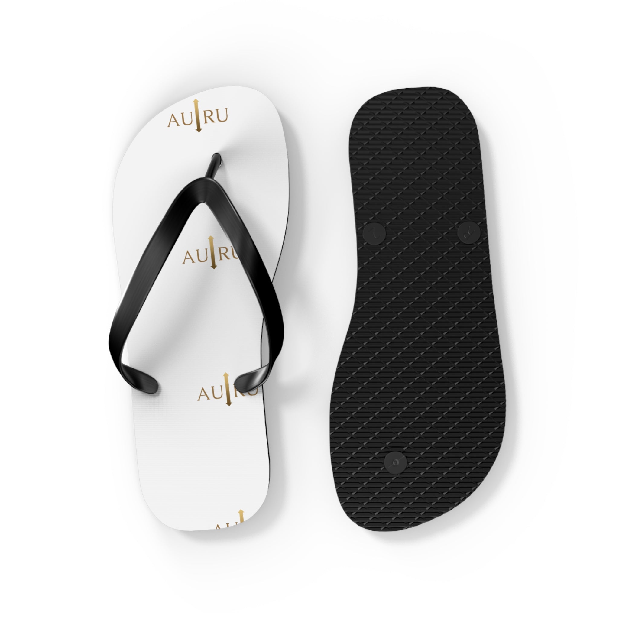 White Logo Flip Flops – Minimal Gold ‘AU|RU’ Beach Sandals