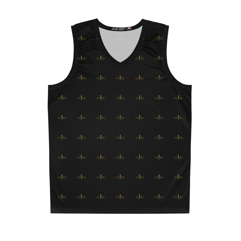 Black All-Over Print Basketball Jersey with Gold Pulse Logo Pattern-AURU
