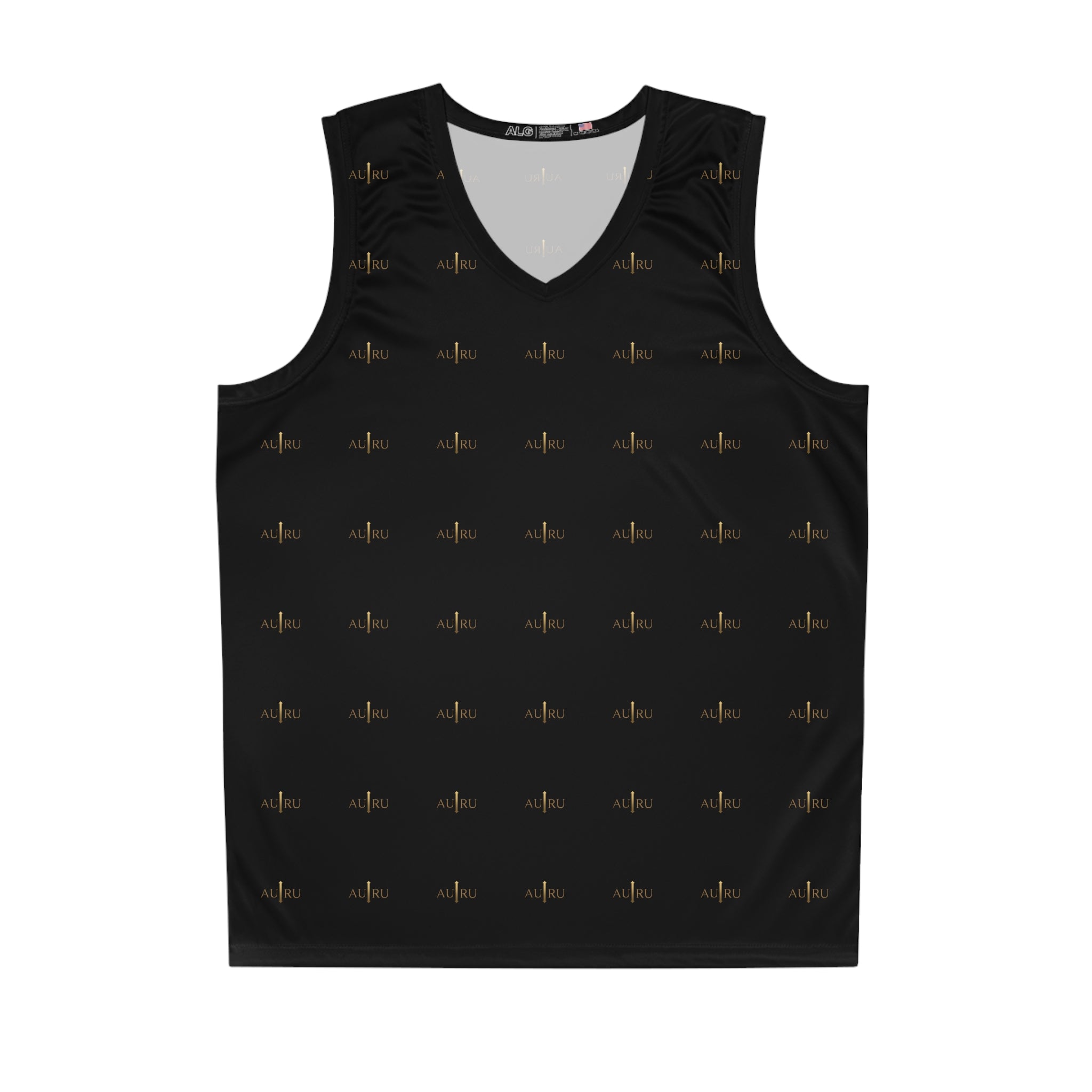 Black All-Over Print Basketball Jersey with Gold Pulse Logo Pattern-AURU