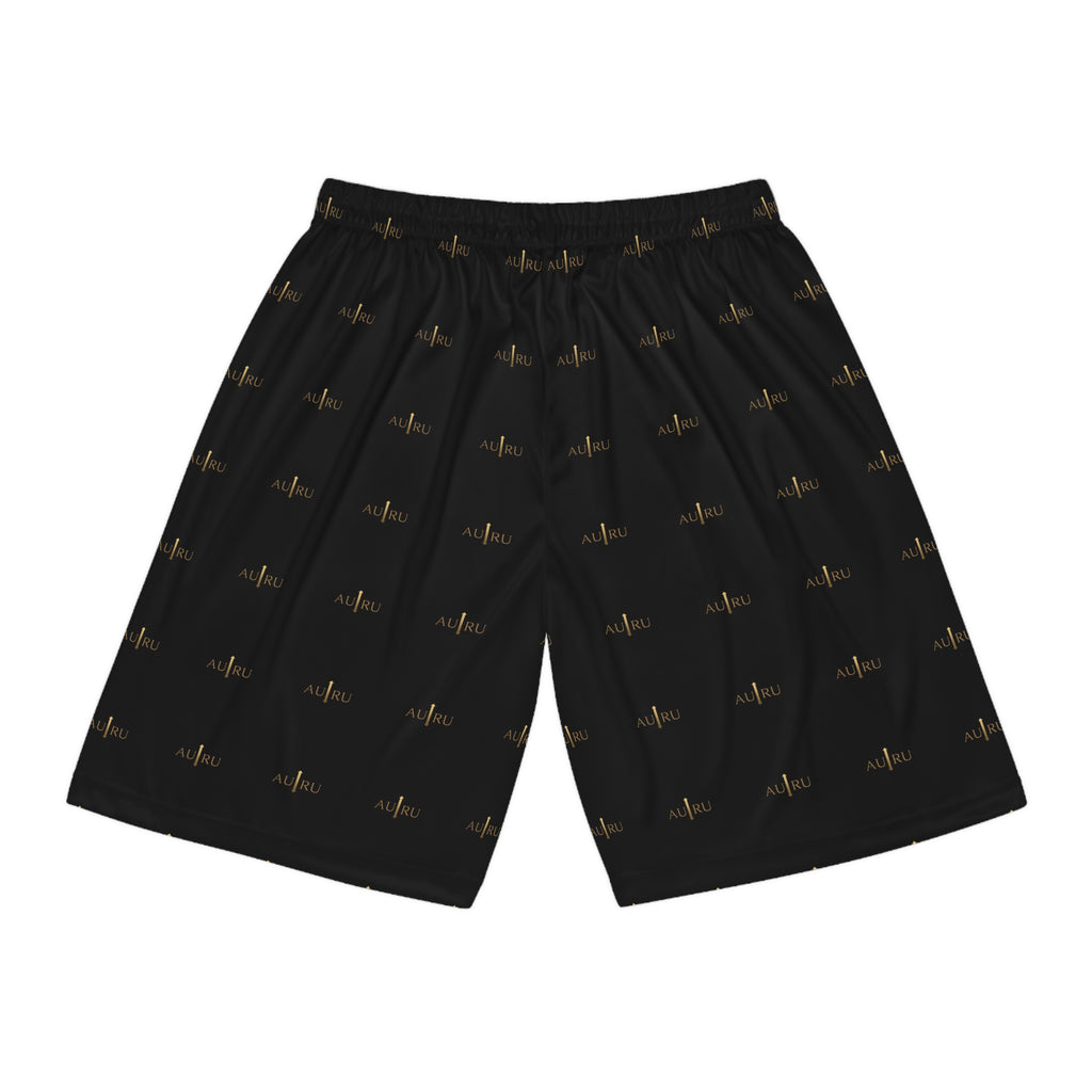 Black All-Over Print Basketball Shorts — AURU Gold Wave Logo Athletic Shorts