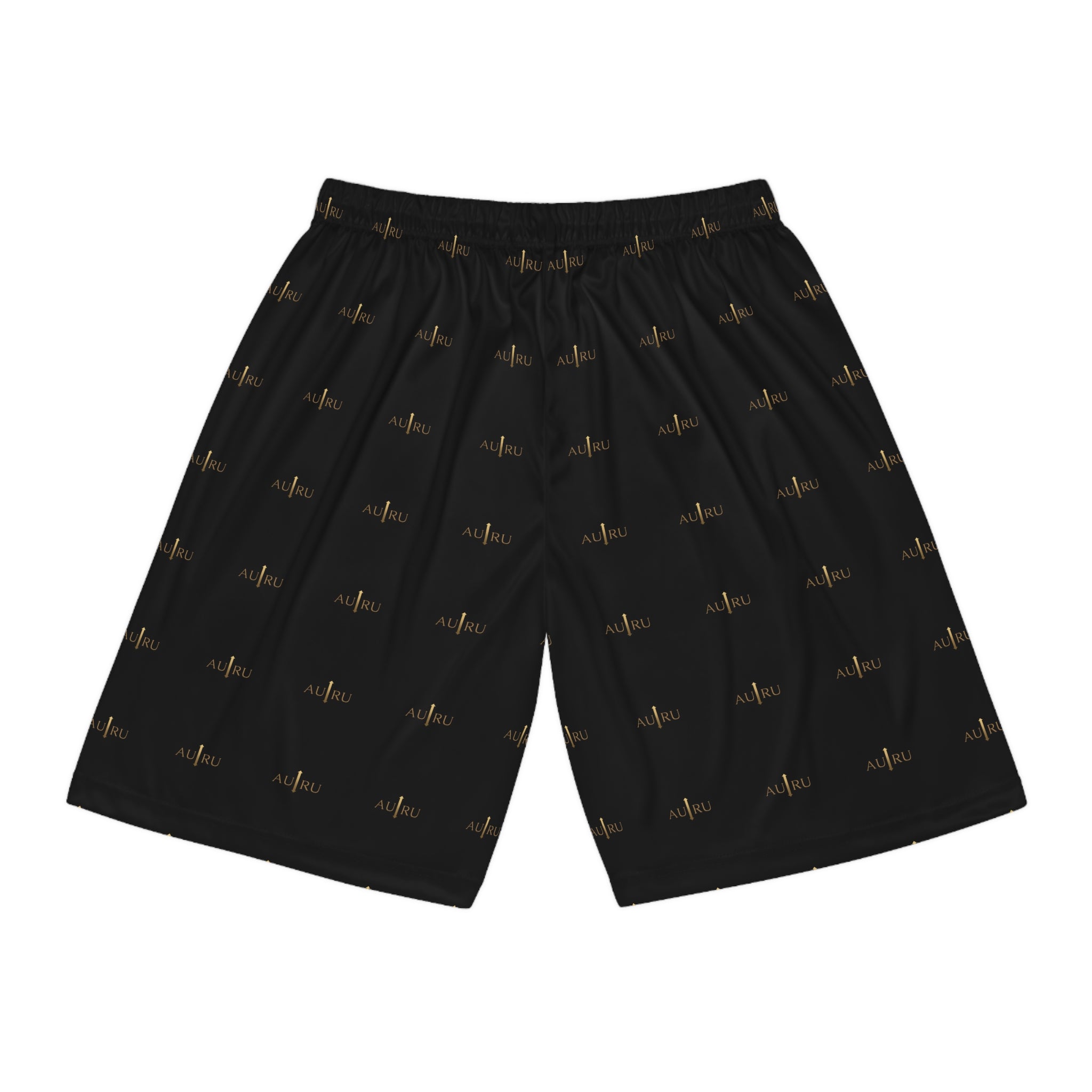 Black All-Over Print Basketball Shorts — AURU Gold Wave Logo Athletic Shorts