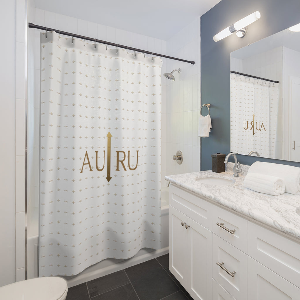 AU|RU Gold Arrow Shower Curtain — Minimalist White Patterned Bath Curtain