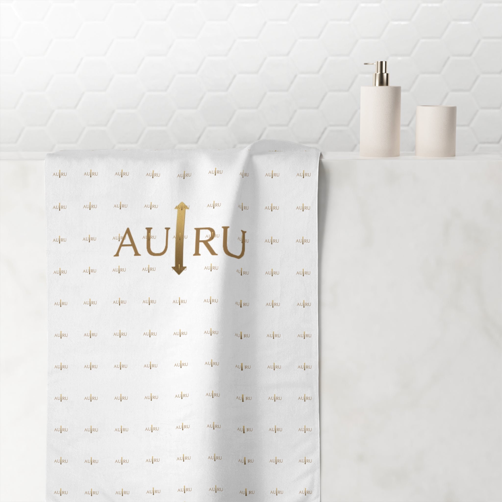 Luxury AU|RU-Logo Cotton Beach Towel — Gold Monogram Pattern