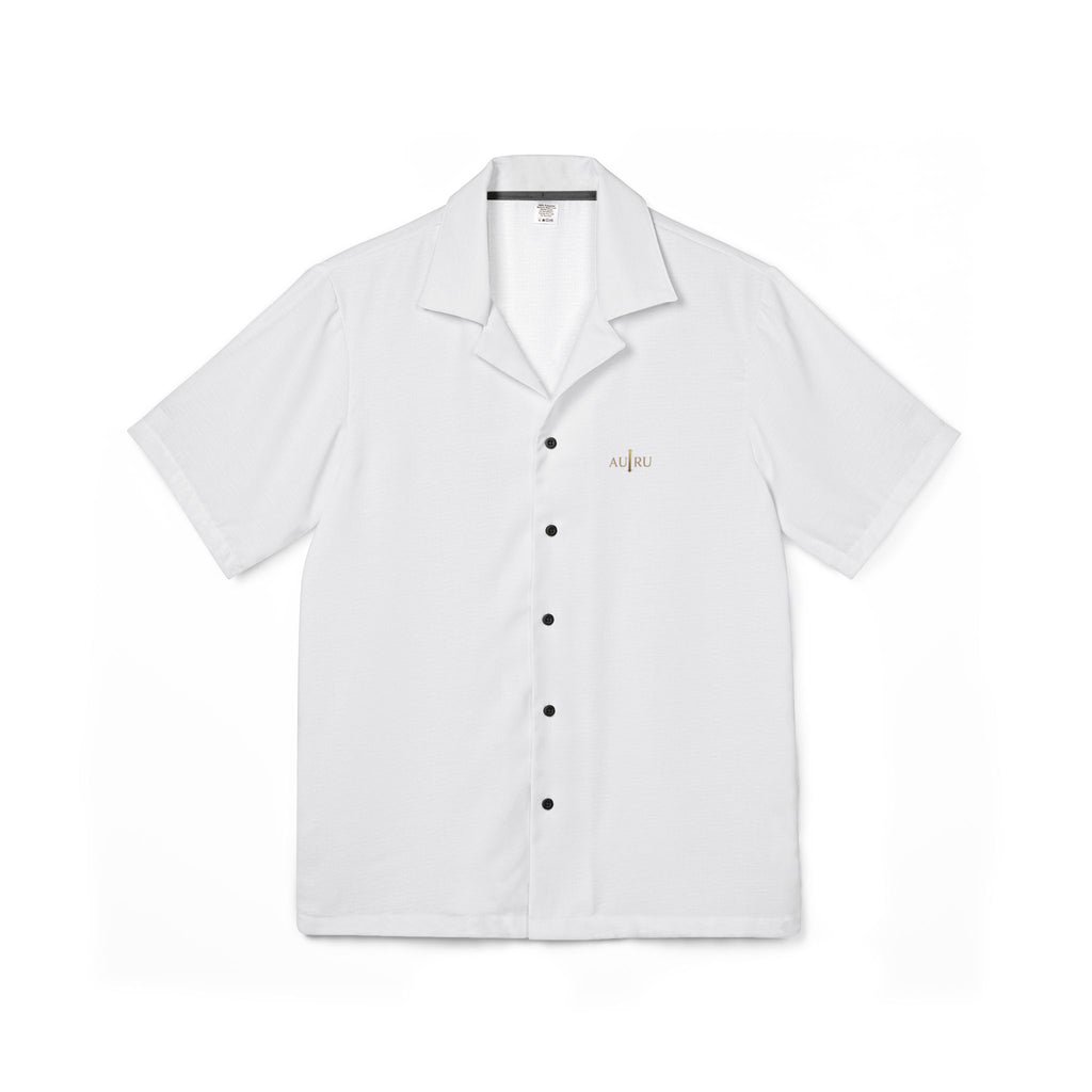 Men's AU|RU-White Hawaiian Camp Shirt - Minimal Embroidered Aloha Button-Up