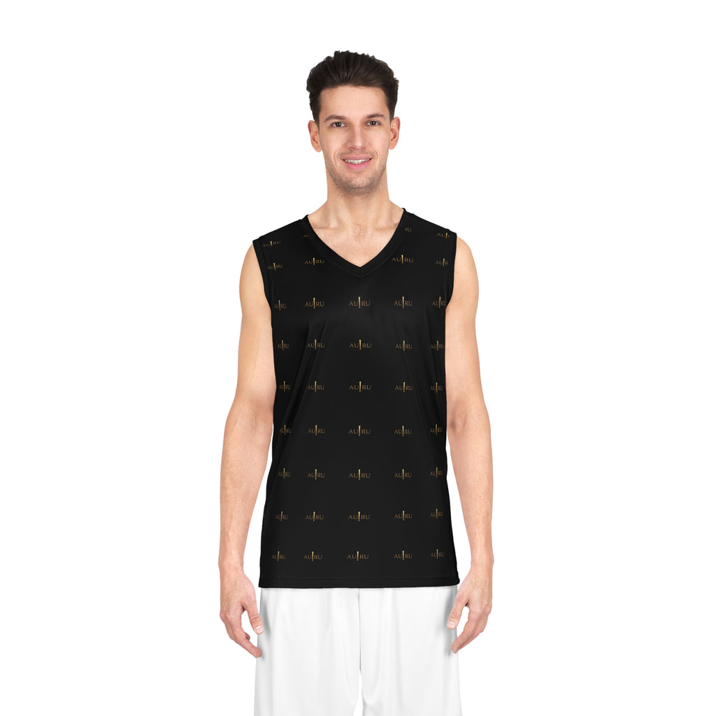 Black All-Over Print Basketball Jersey with Gold Pulse Logo Pattern-AURU