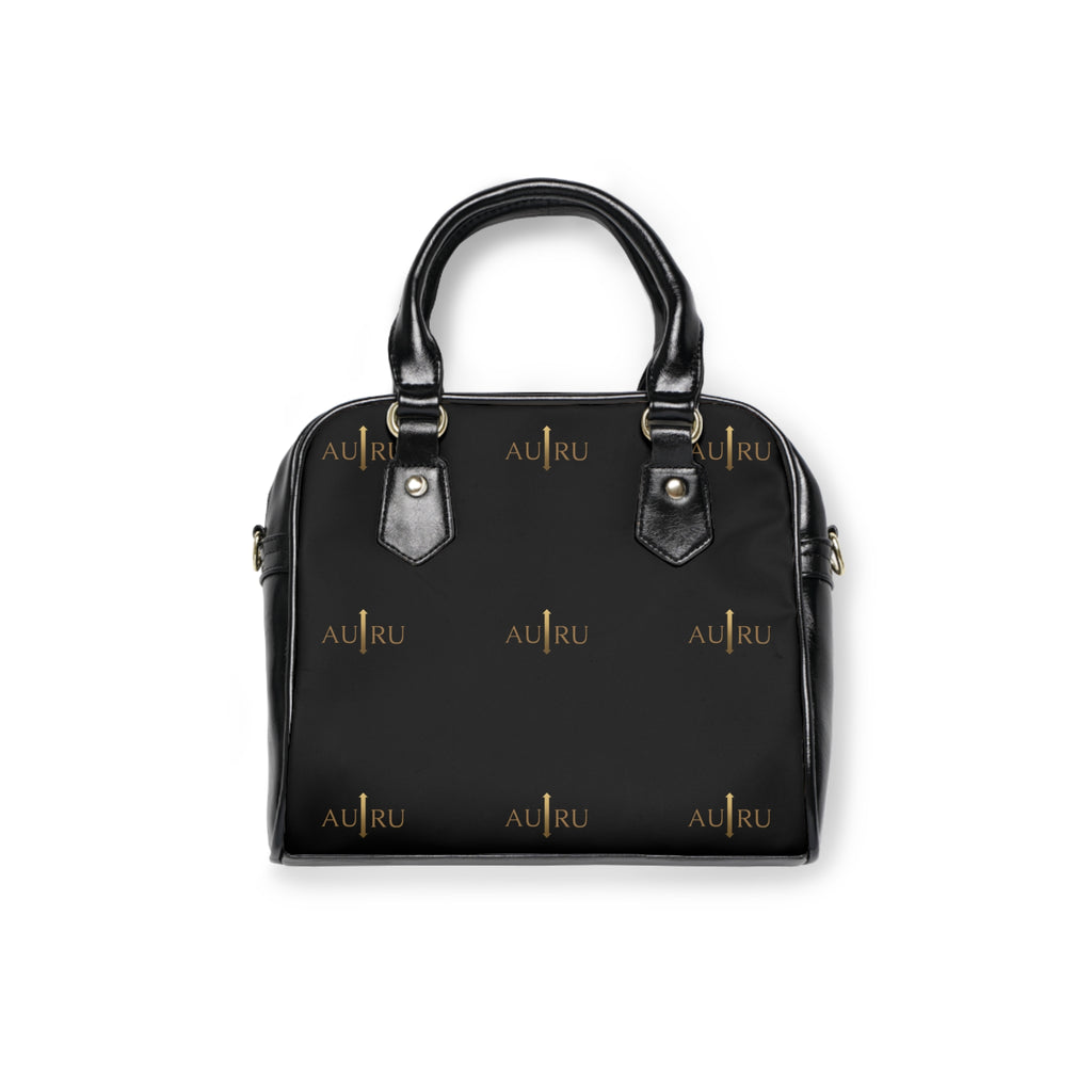 Leather Shoulder Handbag — Black Gold Monogram Tote-AURU