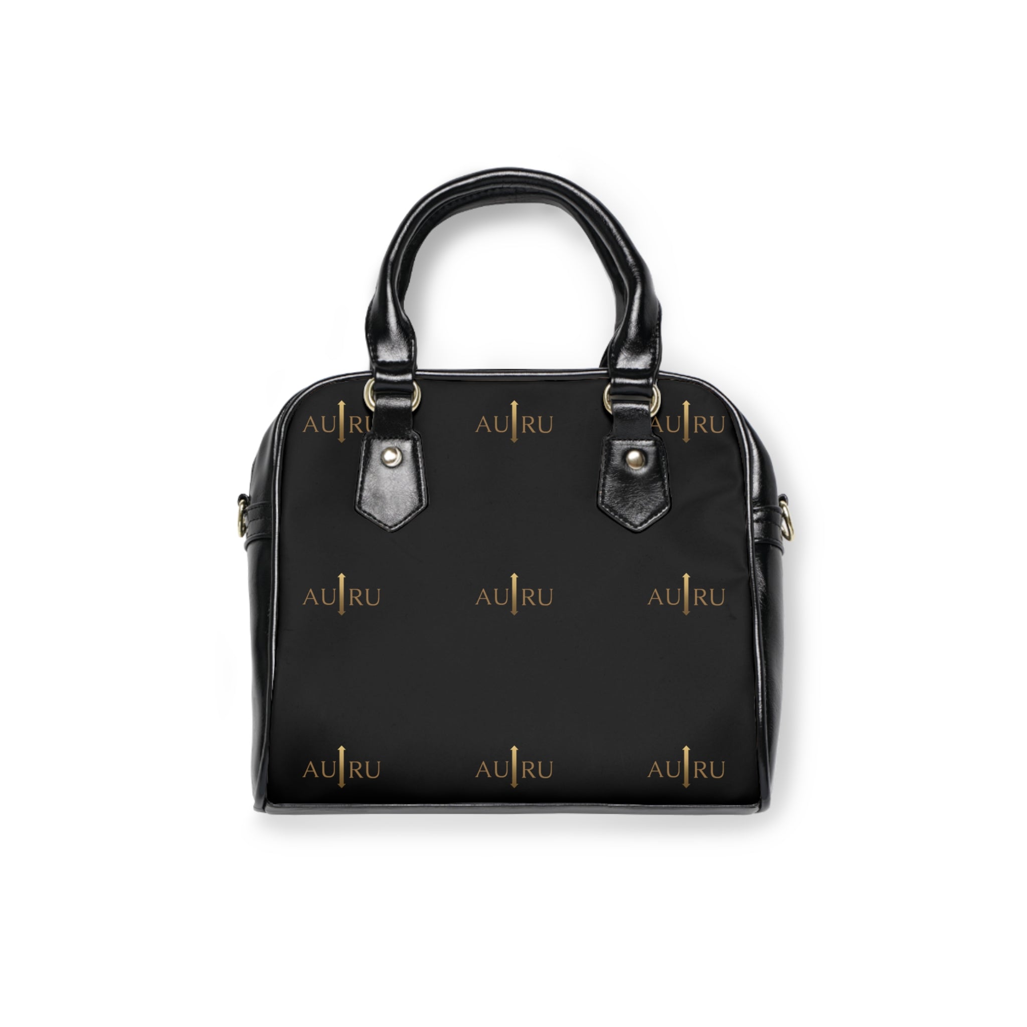 Leather Shoulder Handbag — Black Gold Monogram Tote-AURU