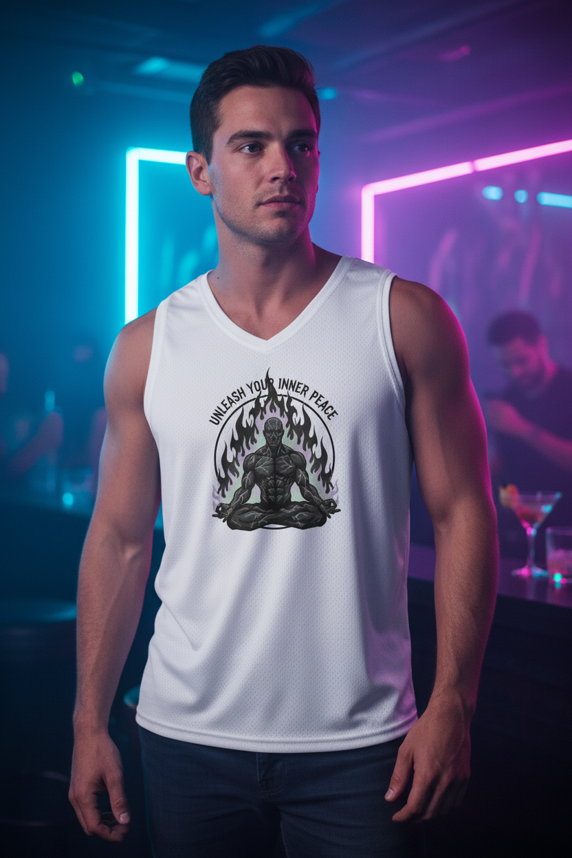 Meditative Muscle Basketball Jersey – "Unleash Your Inner Peace" Graphic